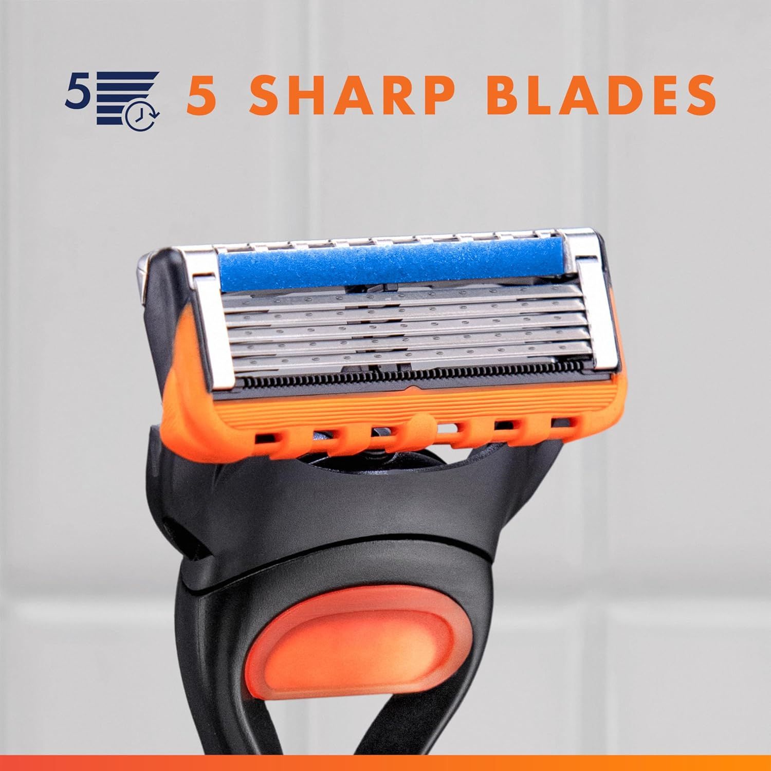 Highlights the razor's 5-blade system to communicate superior shaving performance and precision.