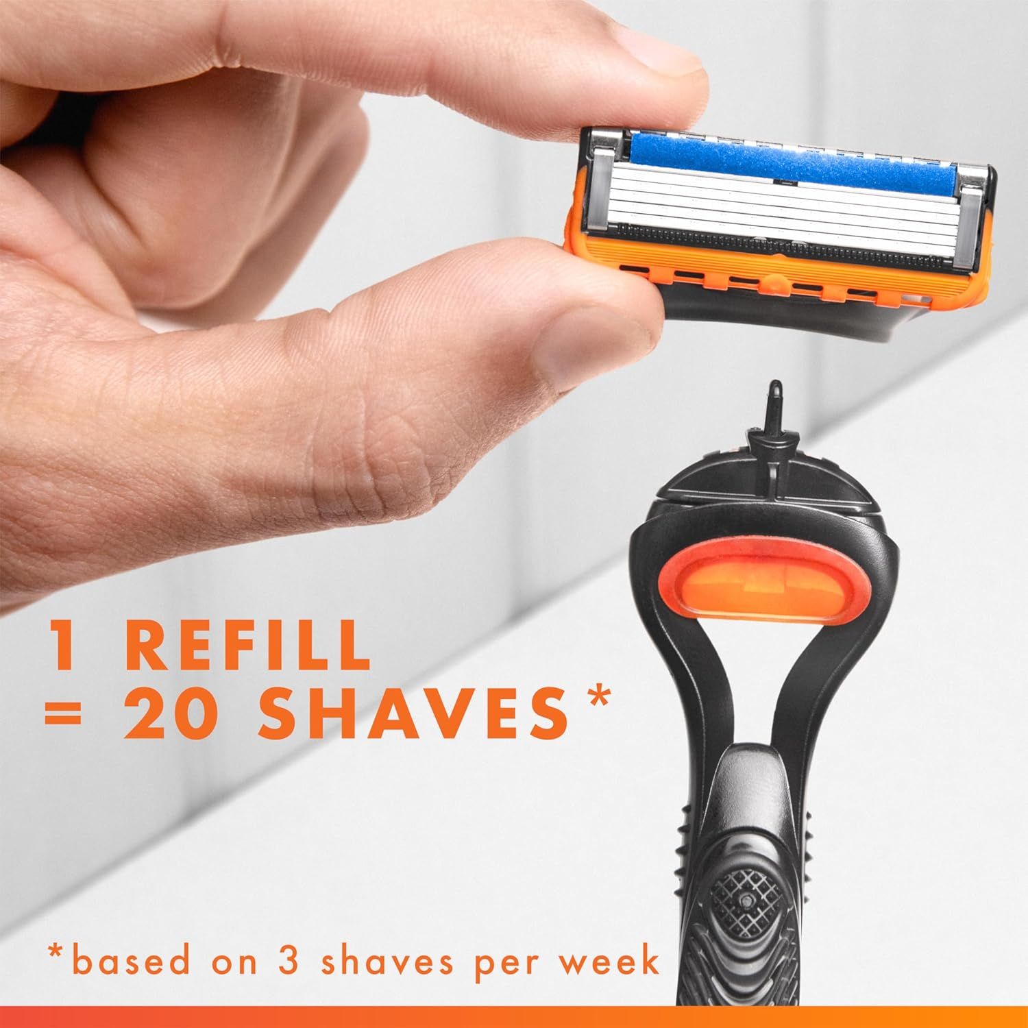 Communicates the value proposition that one refill cartridge lasts for 20 shaves, helping shoppers understand the product's cost-effectiveness and long-term value. Reinforces the benefit of extended…