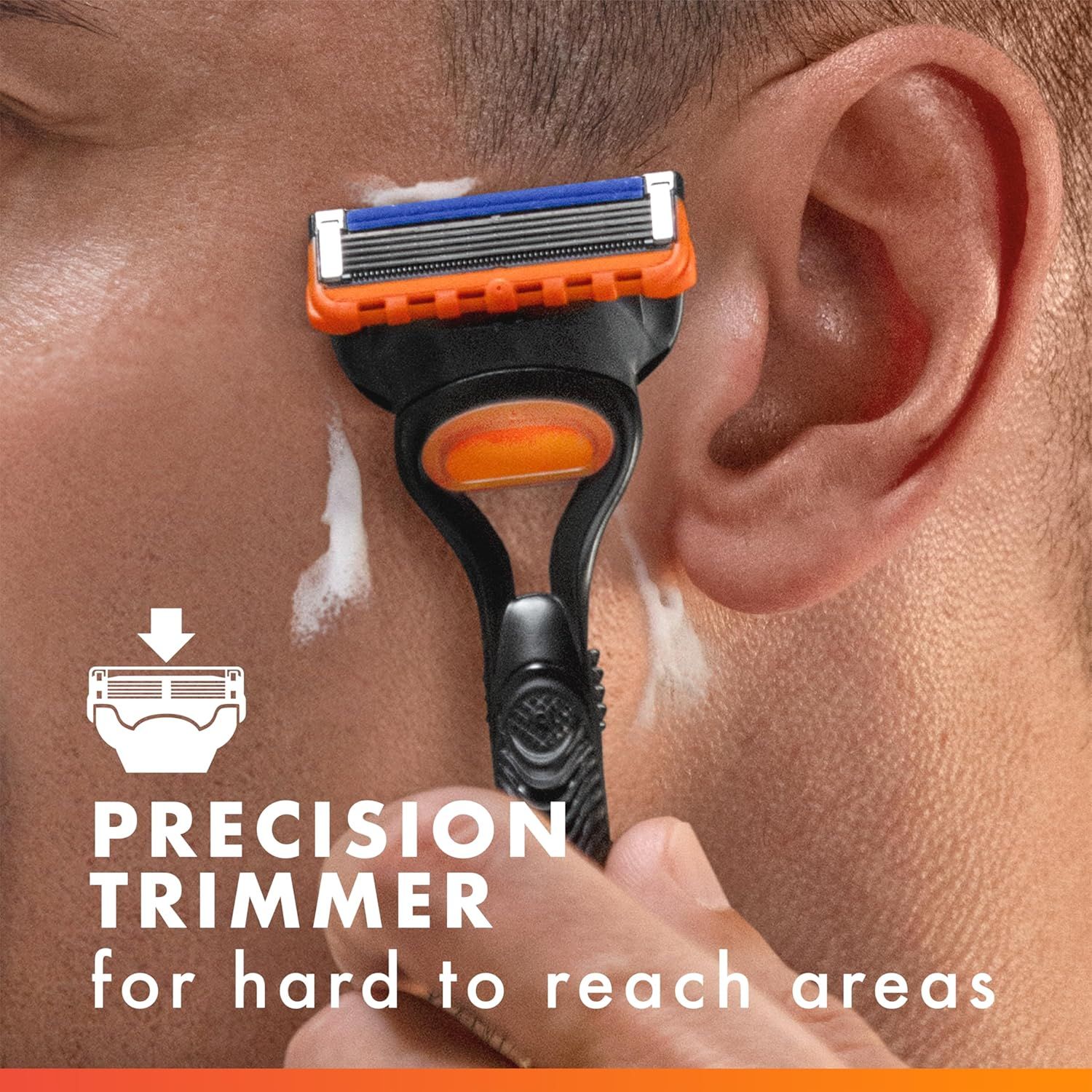Highlights the precision trimmer attachment designed for hard-to-reach areas like sideburns and around the ears, reassuring shoppers of the product's versatility and ease of use in detailed grooming.