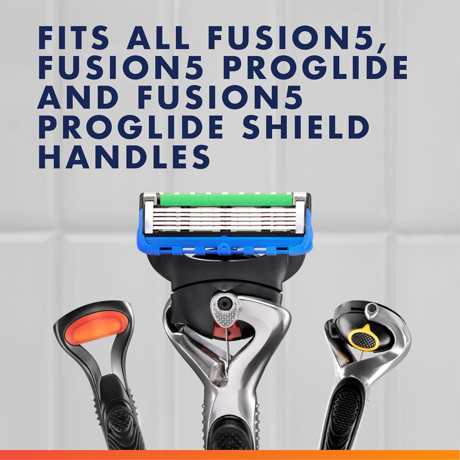 Demonstrates that this razor cartridge is compatible with all Fusion5, Fusion5 ProGlide, and Fusion5 ProGlide Shield handles, reassuring shoppers about versatility and interchangeability.