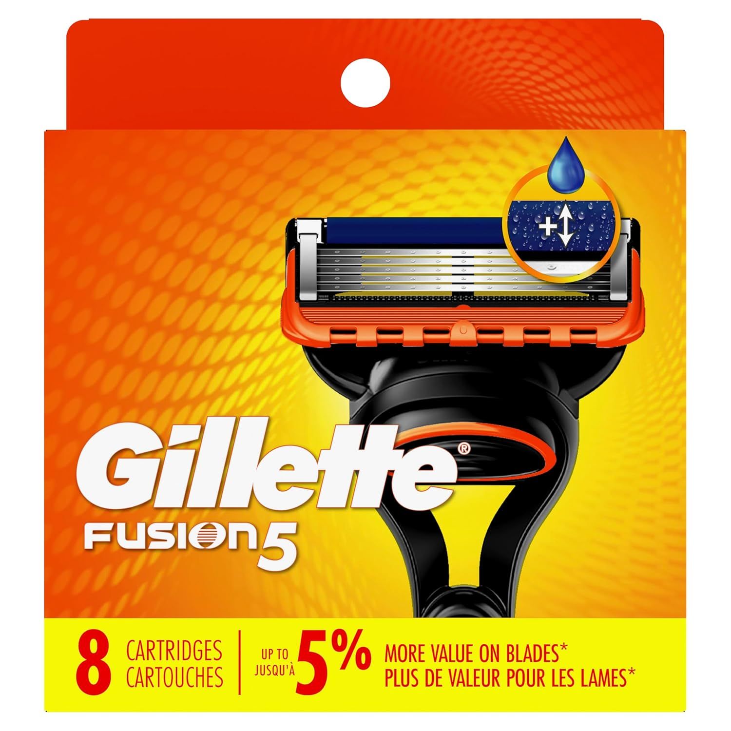 Highlights the razor's lubrication strip feature with a water droplet icon and zoom callout to communicate enhanced glide and comfort during shaving. Communicates the key benefit of improved…