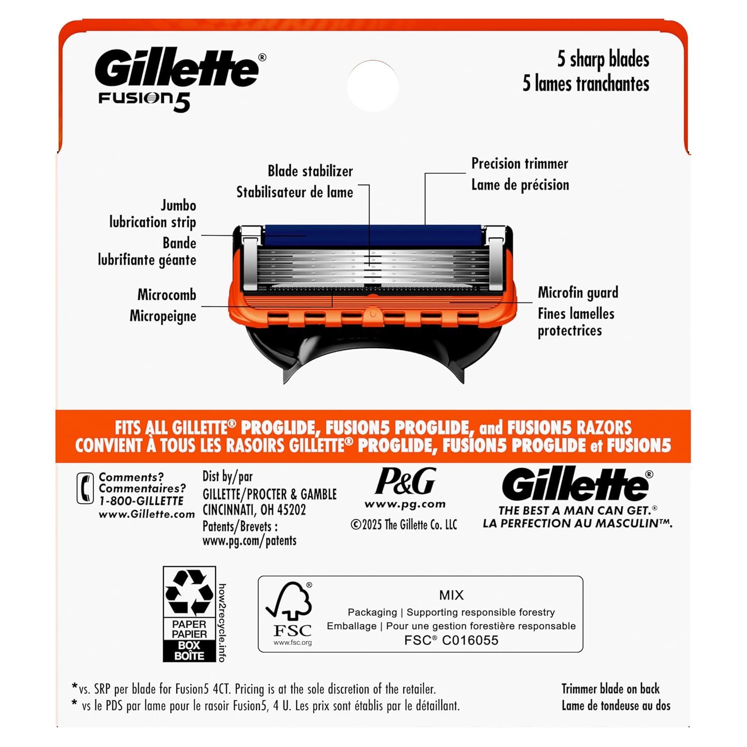 This image breaks down the physical components of the Gillette Fusion5 razor blade cartridge, labeling each part to help shoppers understand the product's construction and technical features.