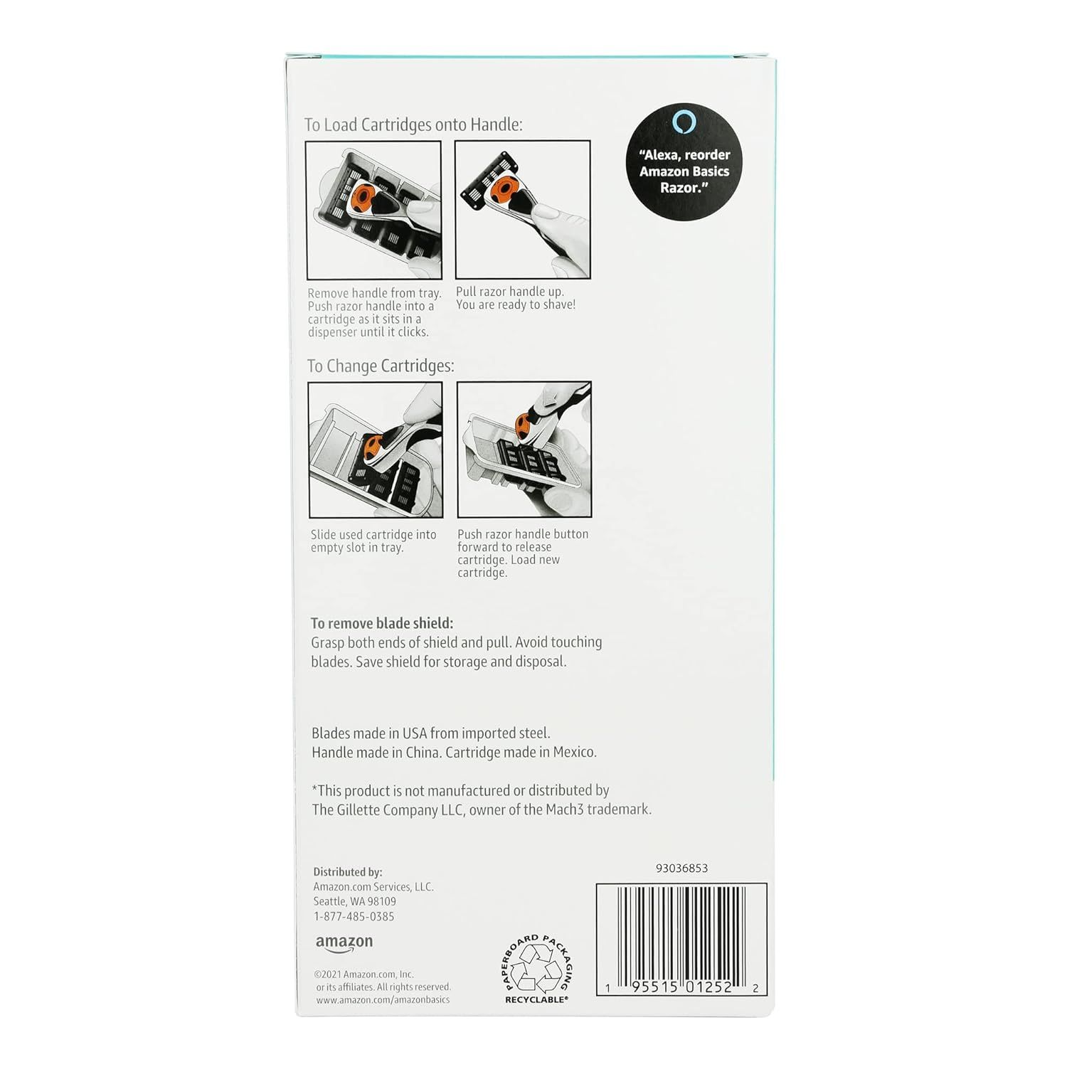 This image provides step-by-step instructions on how to load cartridges onto the razor handle and how to change cartridges, helping shoppers understand the ease of use and setup process.