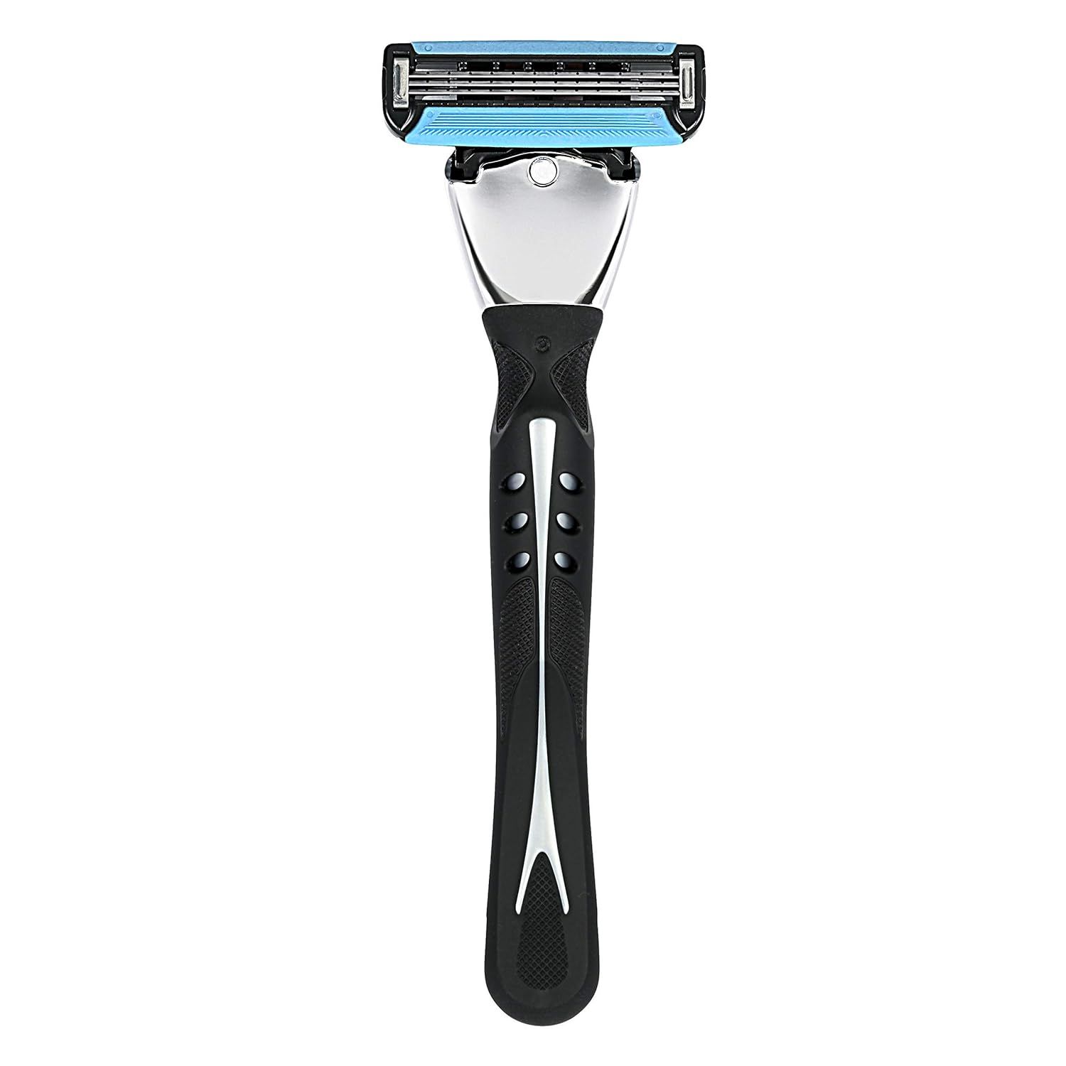 Provides a clear, unobstructed view of the razor's design, blade cartridge, and ergonomic handle for catalog presentation.
