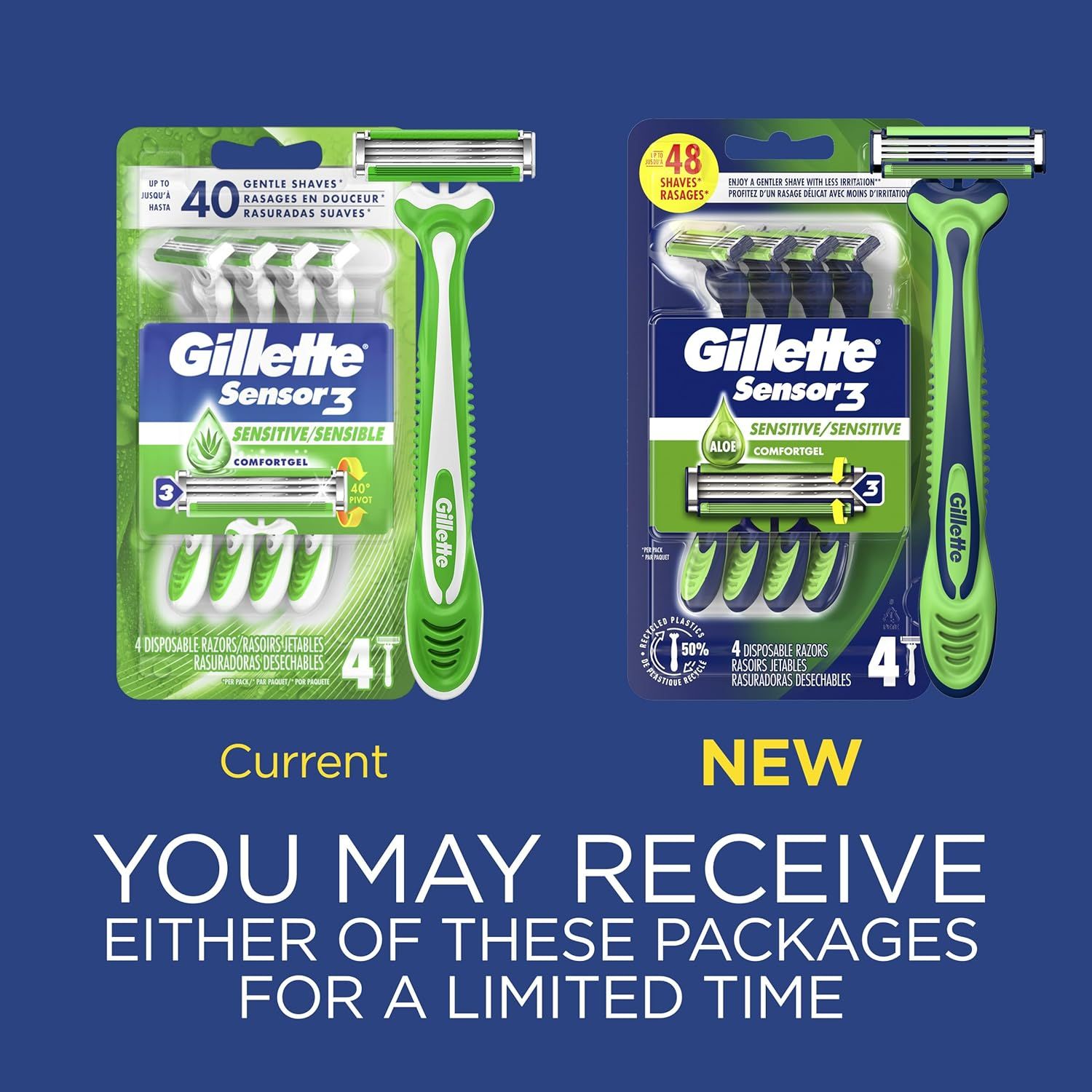 Informs shoppers that the brand is transitioning packaging and they may receive either the current or new design, managing expectations and reducing confusion during the transition period.