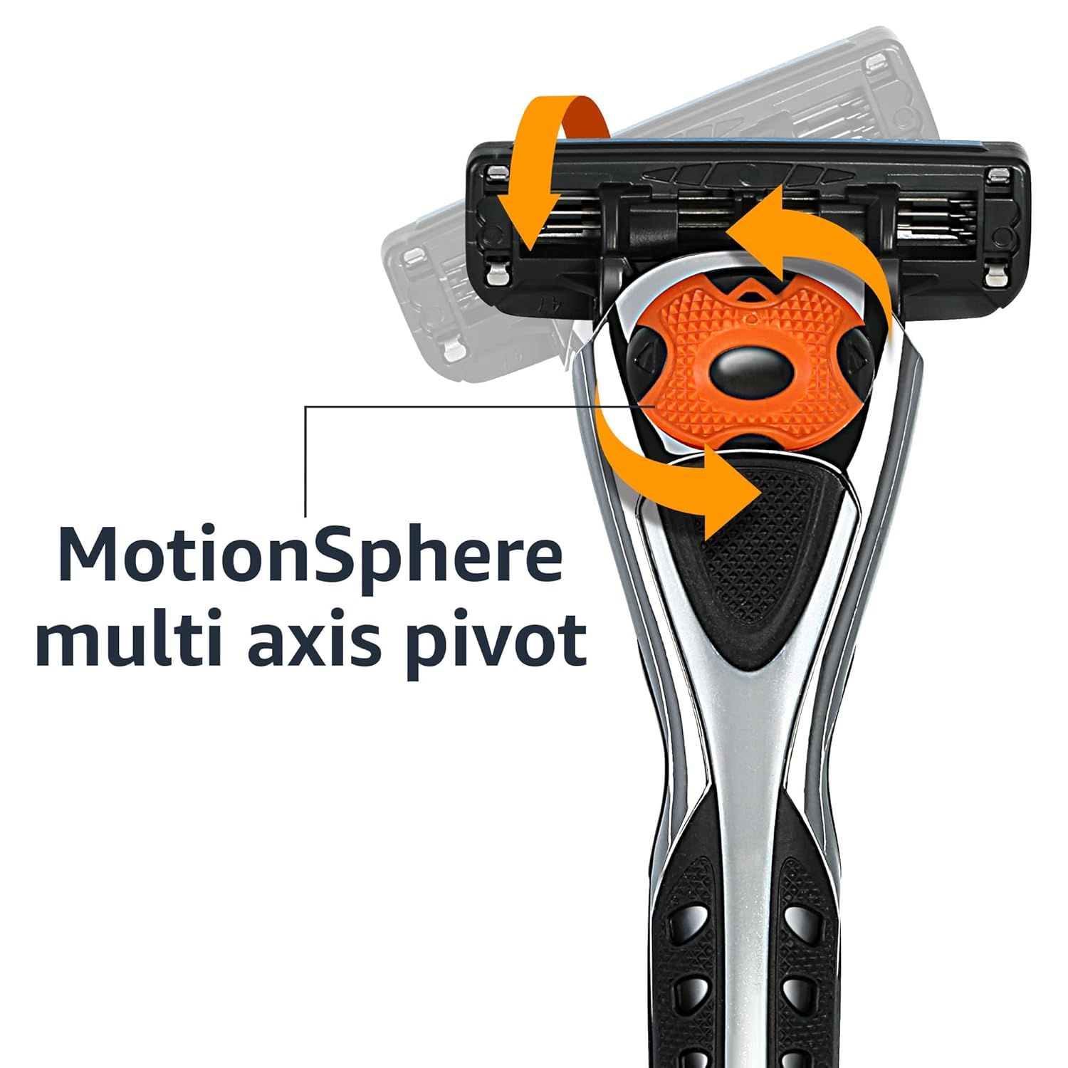 Highlights the product's pivoting mechanism to show how the razor head moves in multiple directions for better maneuverability and shaving coverage.
