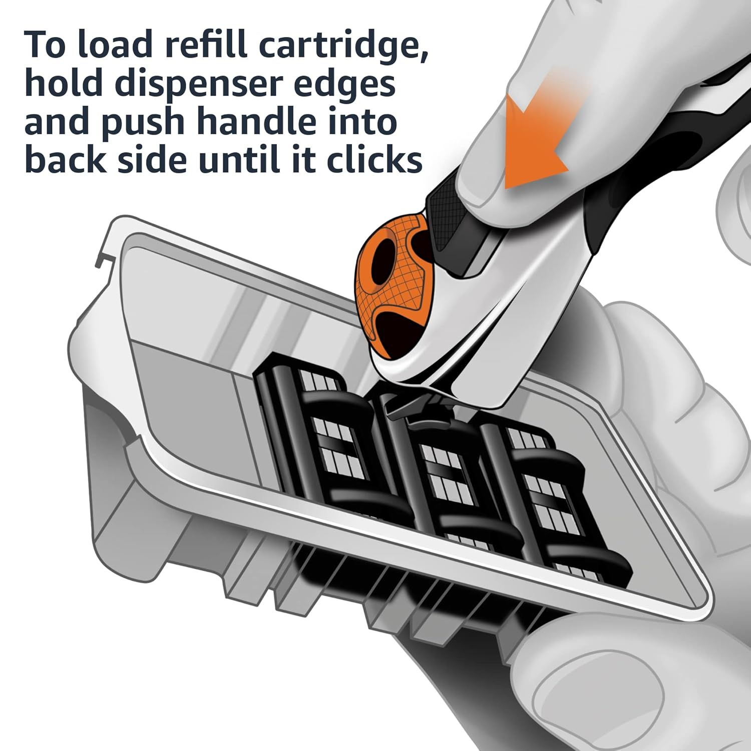 Instructs shoppers on how to load the refill cartridge into the dispenser, demonstrating ease of use and simple setup. Highlights the simple, user-friendly refill mechanism to reassure shoppers that…