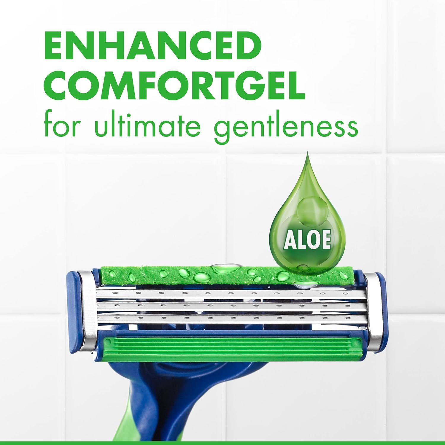 Communicates the product's key comfort feature—an aloe-infused gel strip—to reassure shoppers of a gentle, soothing shaving experience.