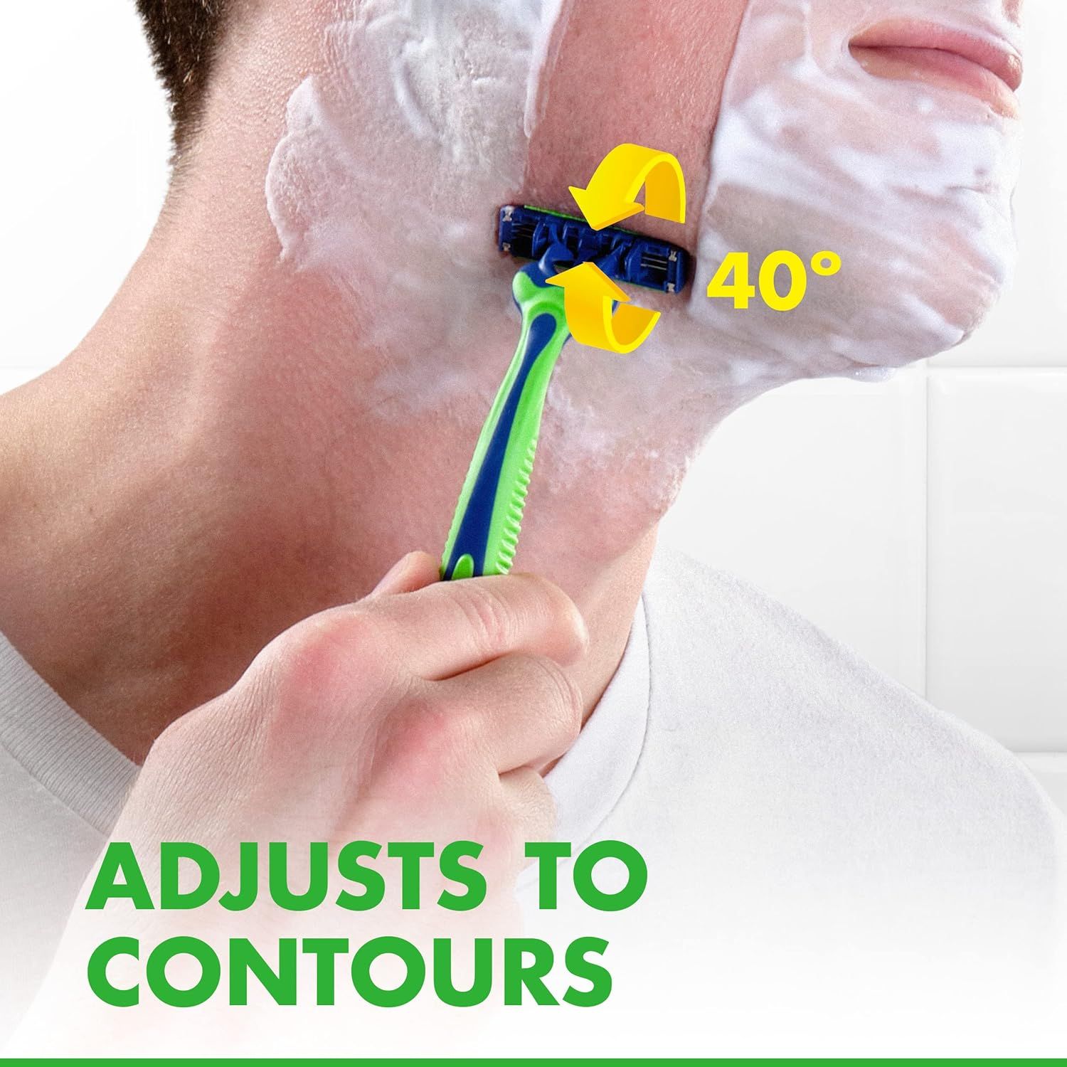 Demonstrates that the razor head pivots 40 degrees to adjust to facial contours, ensuring a close and comfortable shave on all areas of the face and neck.