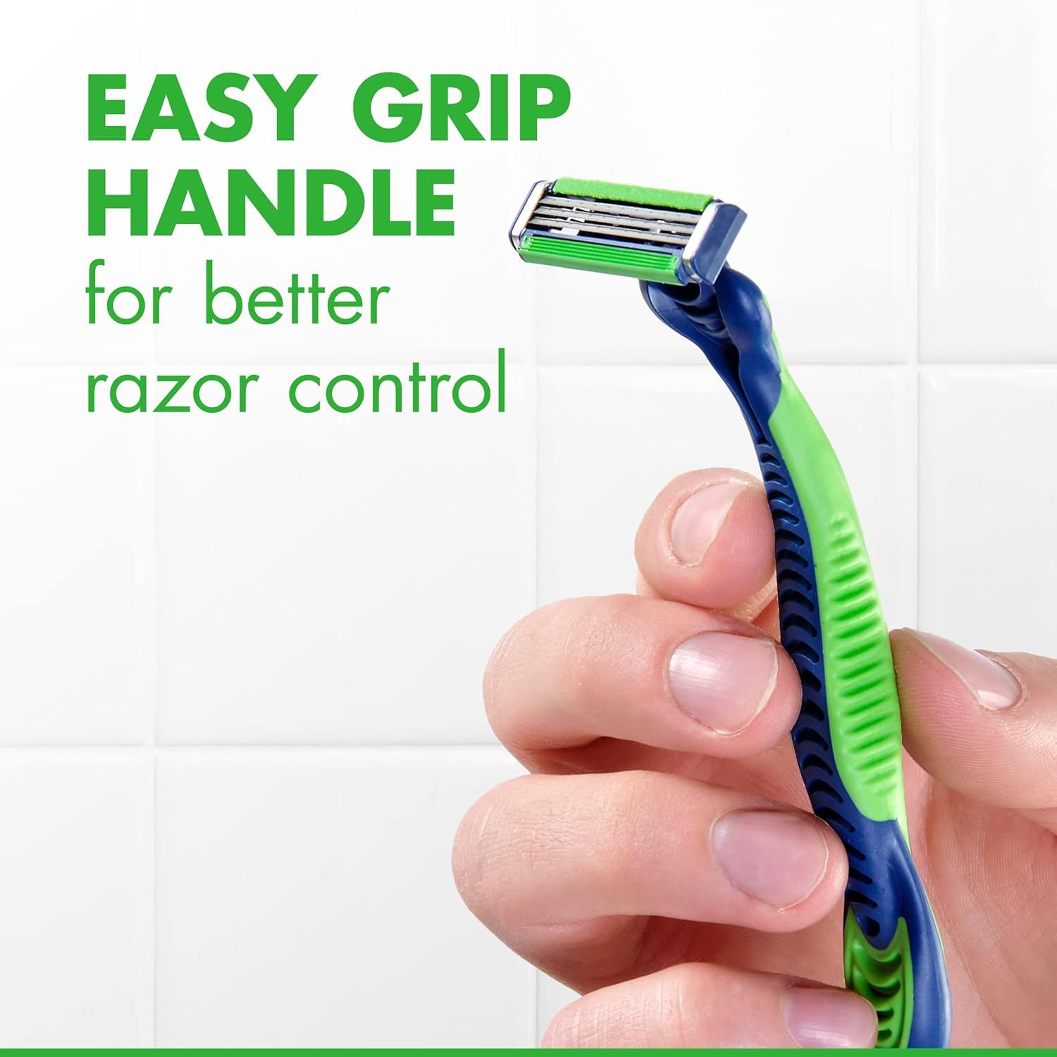 Highlights the razor's ergonomic handle design to reassure shoppers that it provides better control and comfort during use.