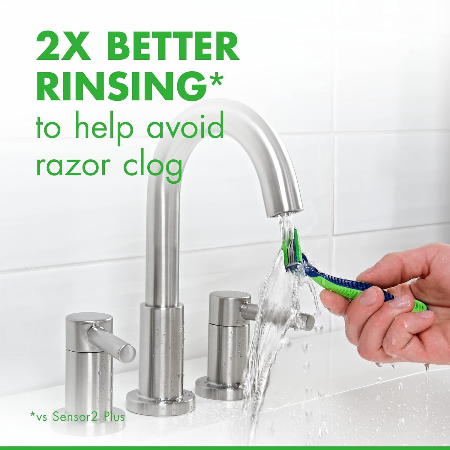 Communicates a quantifiable performance improvement (2X better rinsing) to demonstrate the product's superior effectiveness at preventing razor clog compared to a competitor model. Positions the…