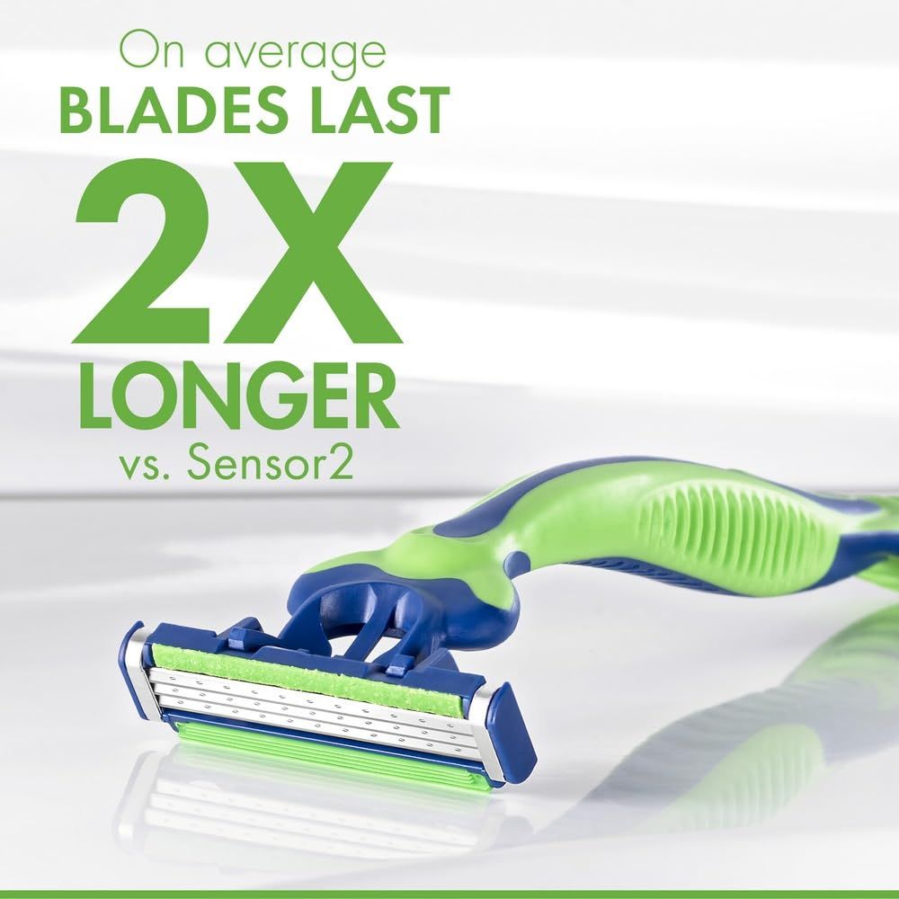 Communicates that the product's blades last 2X longer than the competitor's Sensor2 model, emphasizing superior durability and value. Directly compares the product's blade longevity against a…