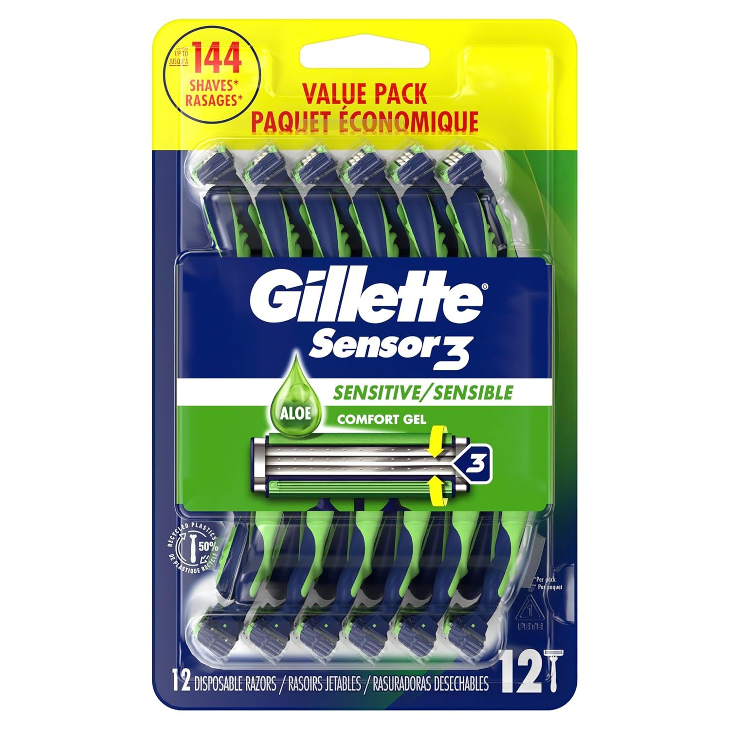 Shows the complete contents of the value pack (12 disposable razors) to communicate quantity and value to the shopper.