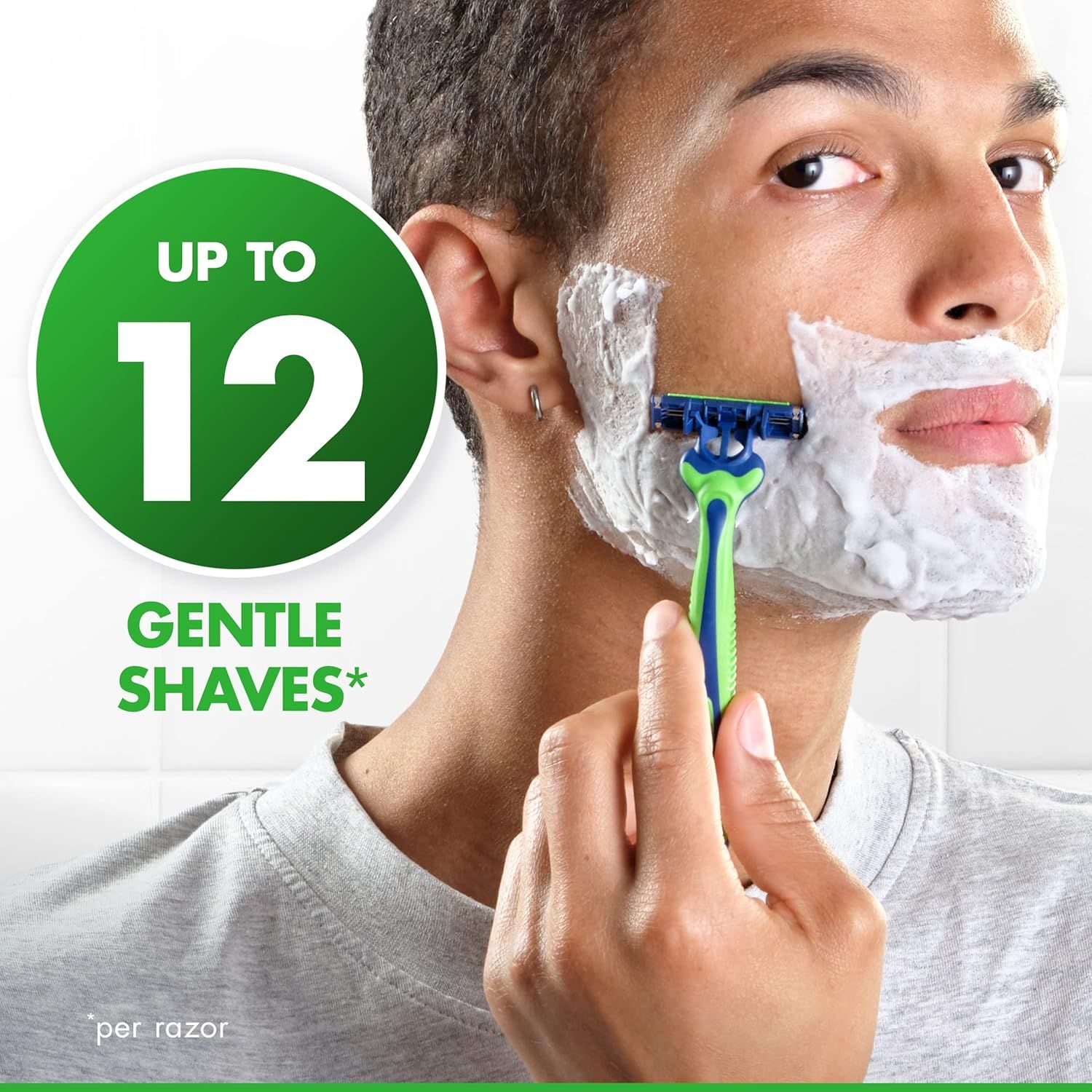 Communicates the product's longevity and value by highlighting that each razor provides up to 12 gentle shaves, reassuring shoppers about durability and cost-effectiveness. Reinforces the key…