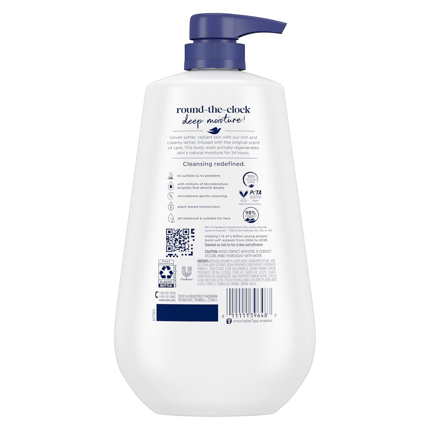 Communicates multiple product benefits in a segmented layout with icons and text, highlighting the body wash's clean ingredients, moisturizing technology, gentle cleansing, and skin-friendly…