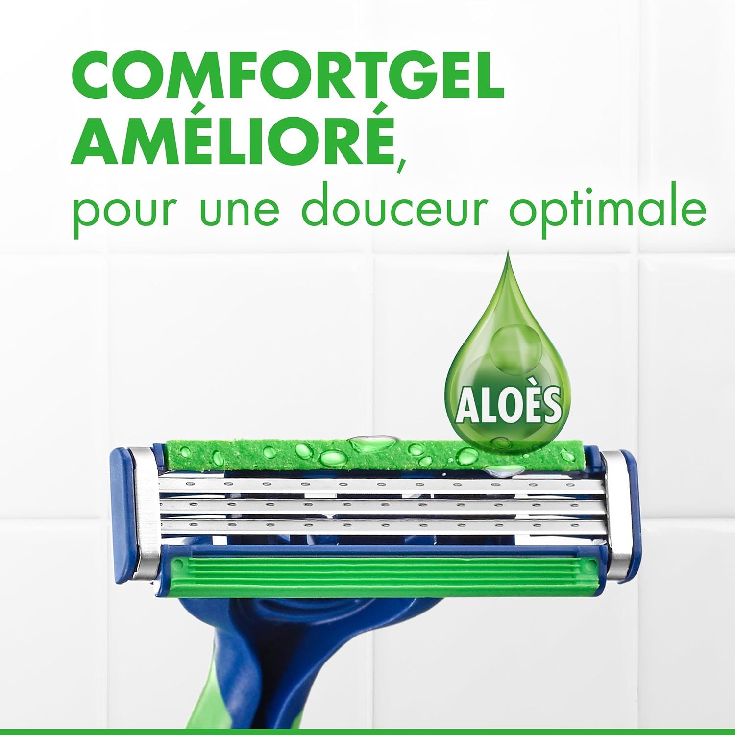 Highlights the improved comfort gel feature with aloe, emphasizing optimal softness and gentleness for the shopper's shaving experience.