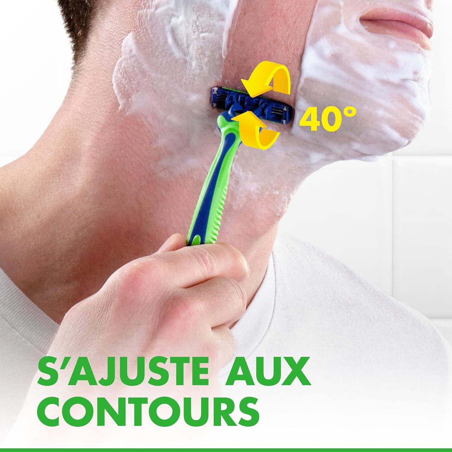 Demonstrates how the razor head pivots 40 degrees to adjust to facial contours, showing the user how the product adapts for a better shave. Highlights the key benefit of the 40-degree pivoting head…