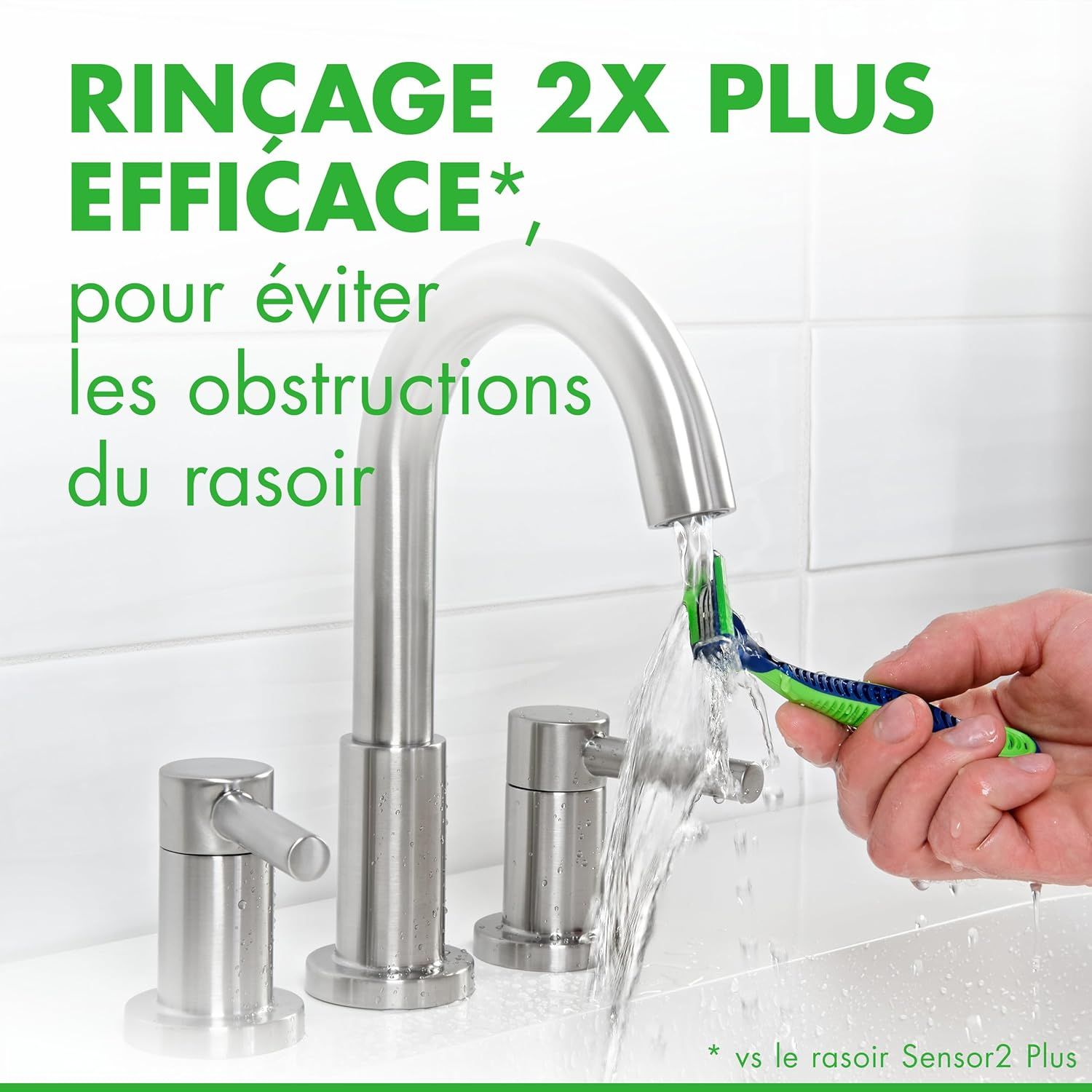 Communicates a quantifiable performance claim that the product rinses 2X more effectively to prevent razor clogs, positioning it as superior to a competitor product. Demonstrates superiority over a…