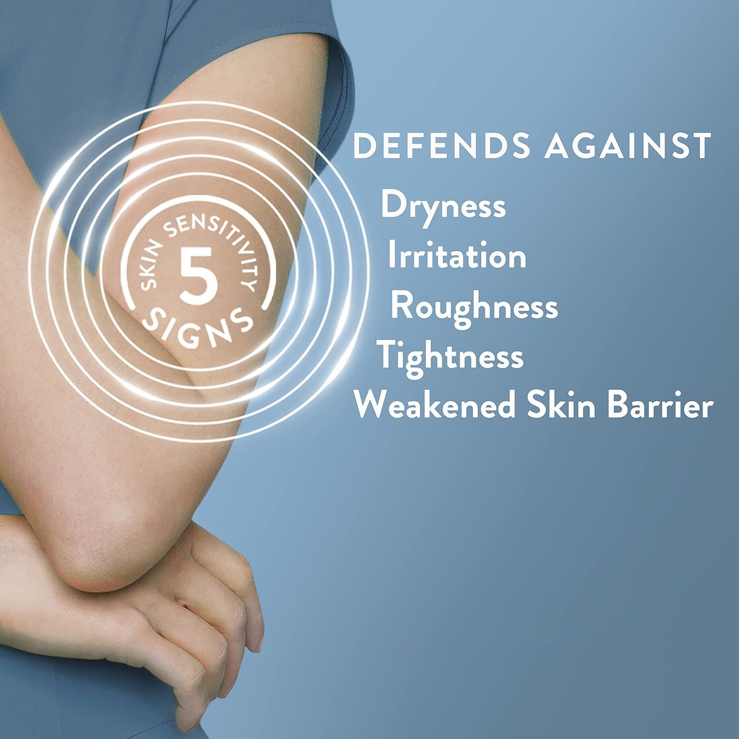 Communicates that the product defends against five distinct signs of skin sensitivity, reassuring shoppers that it provides comprehensive skin protection and relief.