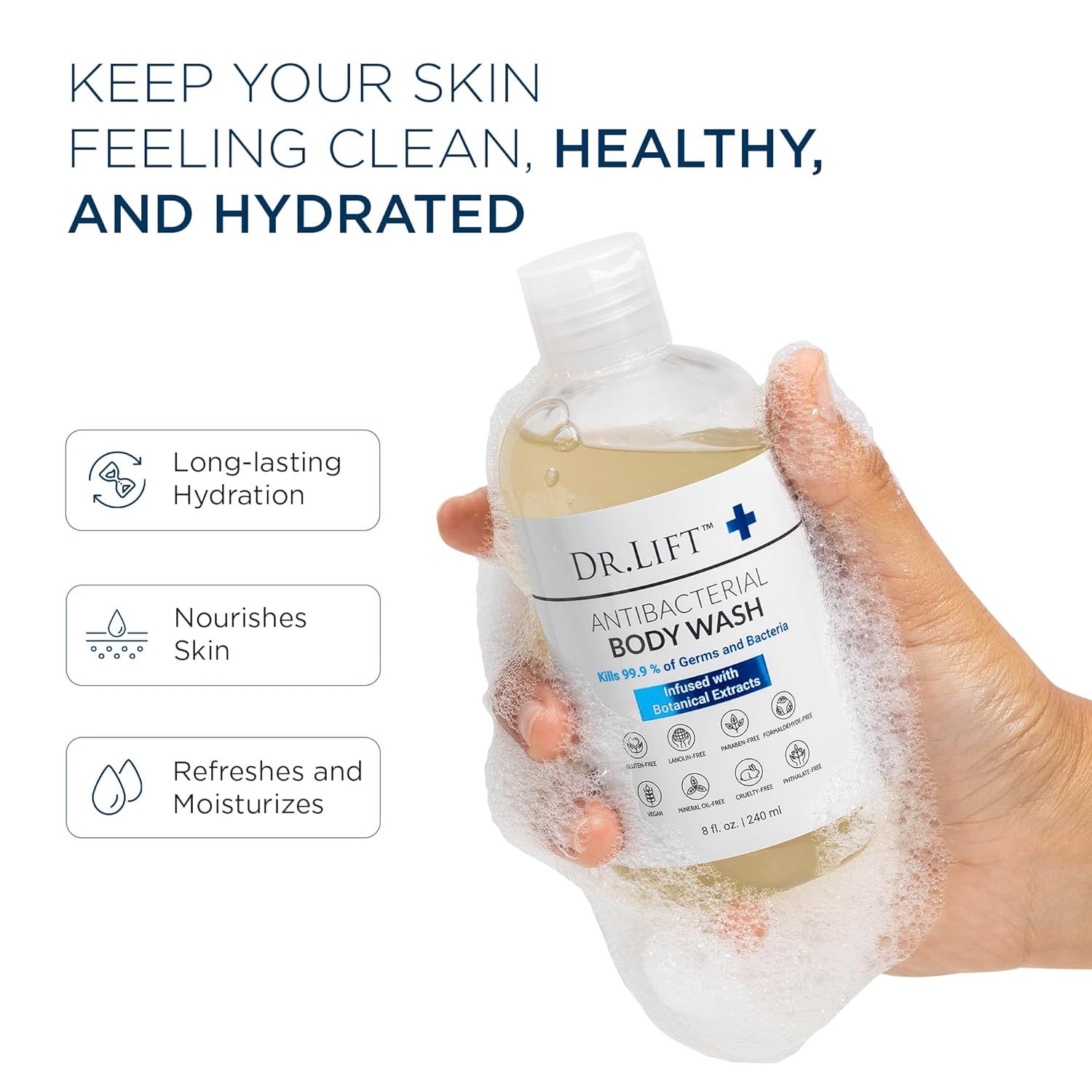 Communicates multiple skincare benefits of the antibacterial body wash, emphasizing hydration, nourishment, and moisturizing properties to reassure shoppers of comprehensive skin care.