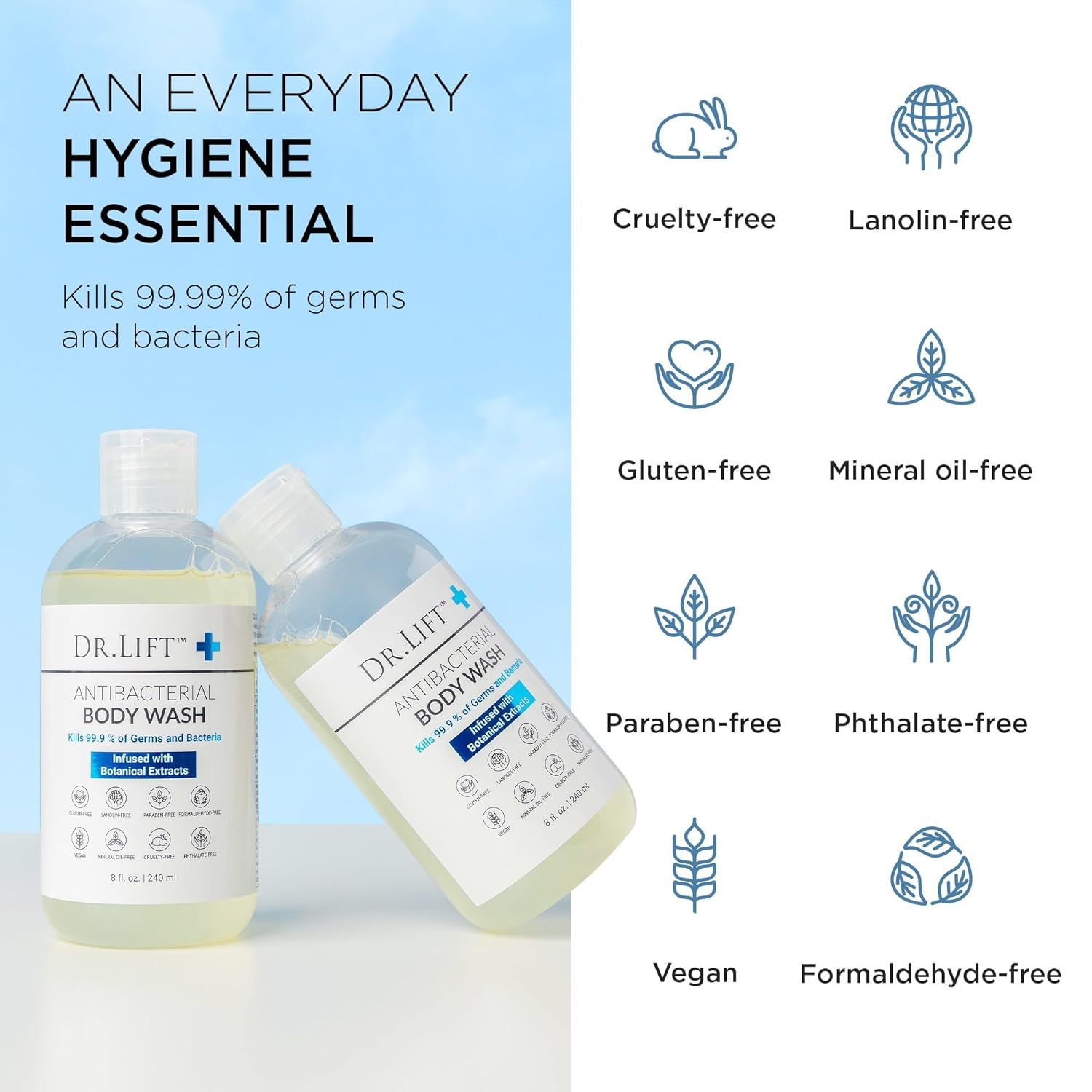 Communicates that the antibacterial body wash is made with safe, clean ingredients and is free from harmful chemicals, reassuring health-conscious and ethically-minded shoppers. Highlights multiple…