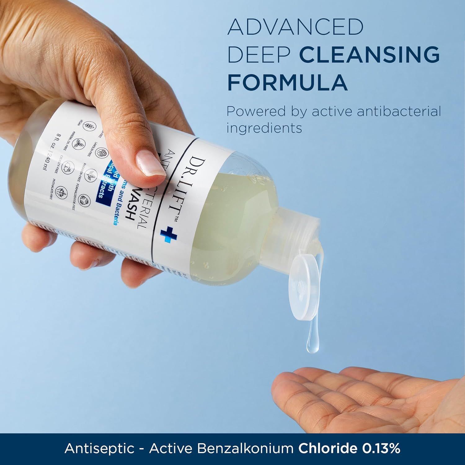 Highlights the product's advanced deep cleansing formula powered by active antibacterial ingredients to reassure shoppers of its effectiveness and hygiene benefits.