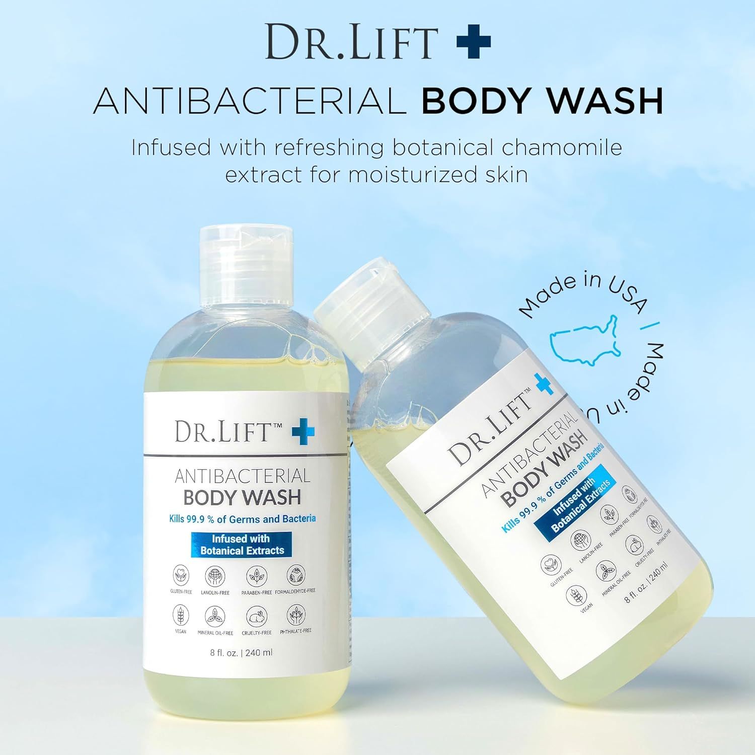 Communicates multiple product benefits including antibacterial protection, botanical ingredients, moisturizing properties, and numerous safety/clean ingredient claims to reassure shoppers about…