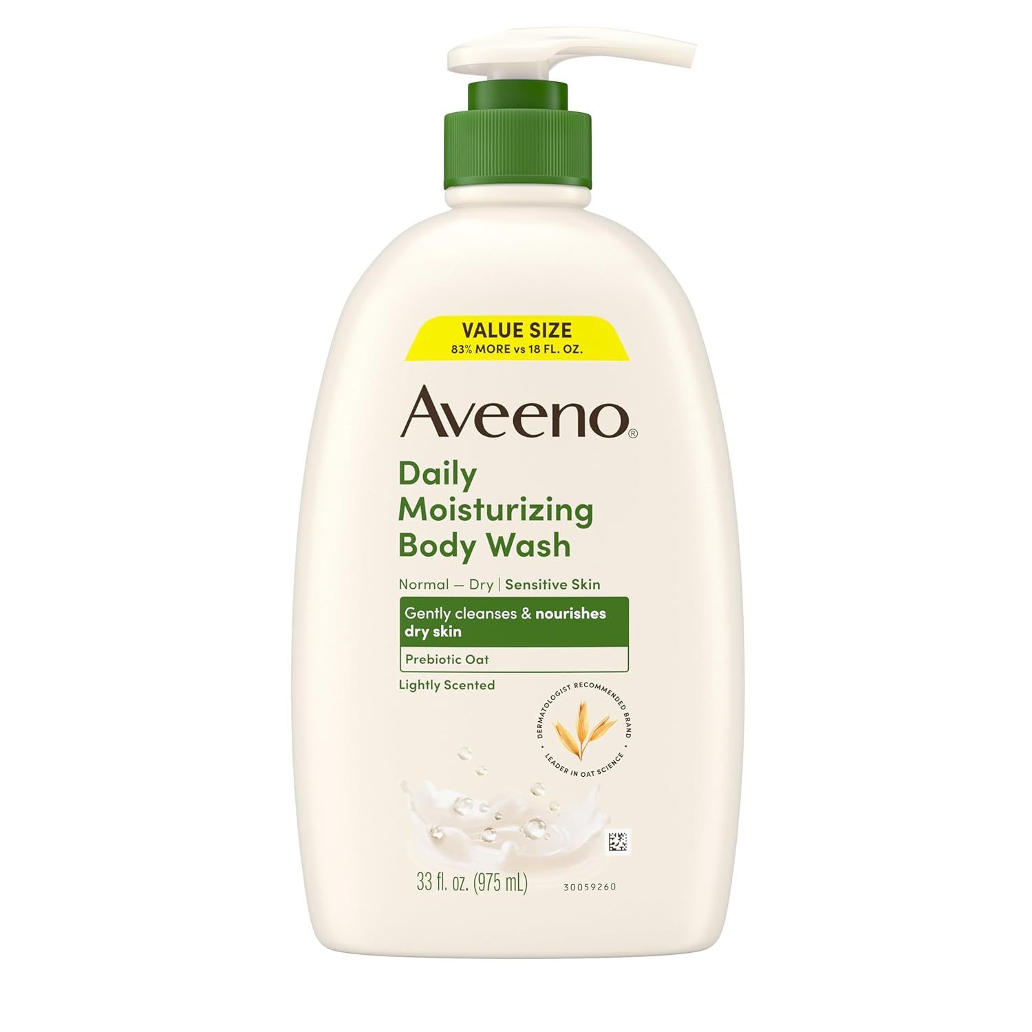 Provides a clean, catalog-style view of the Aveeno Daily Moisturizing Body Wash bottle showing the packaging design, pump dispenser, and product labeling on a pure white background.