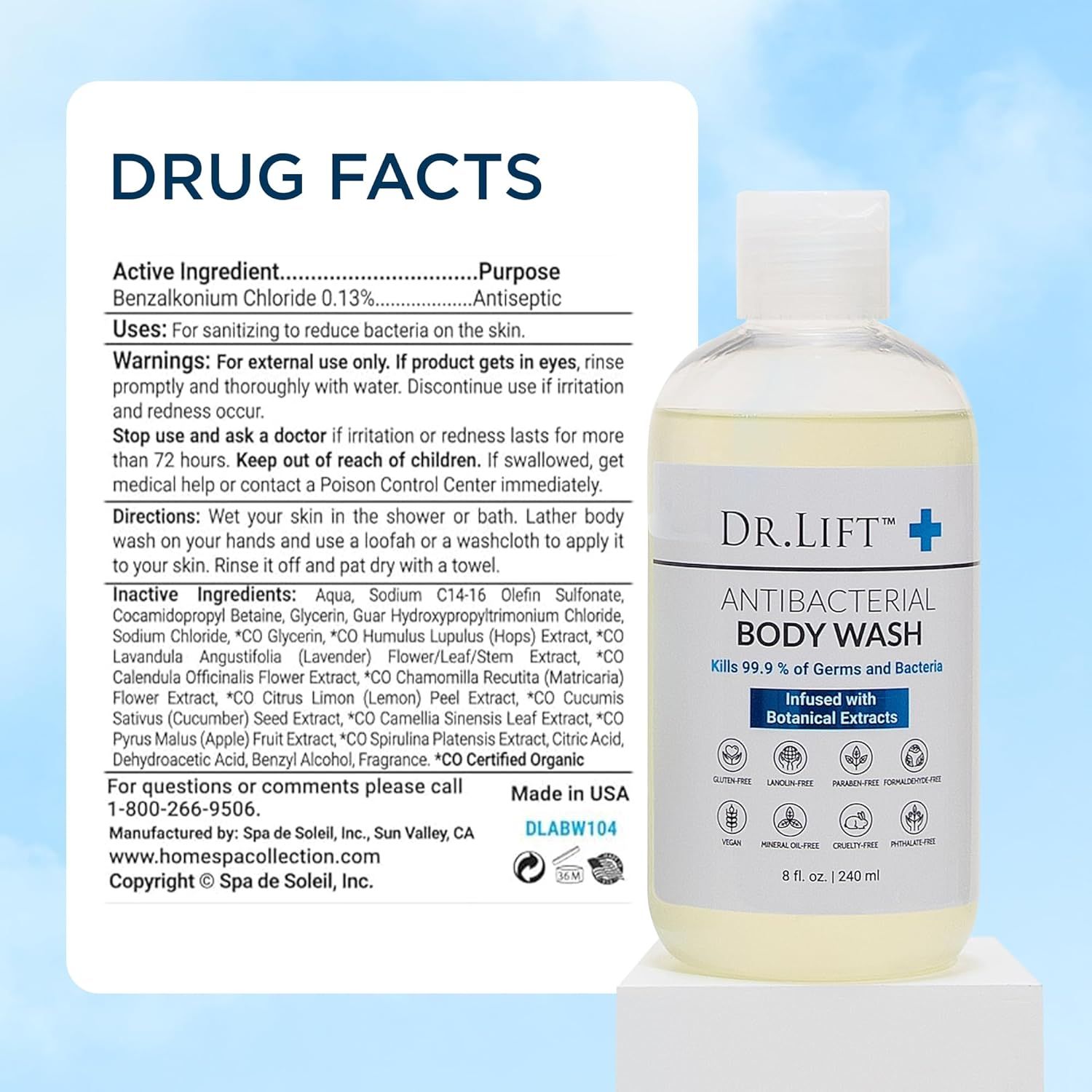 Communicates multiple product benefits including antibacterial effectiveness (kills 99.9% of germs), botanical ingredients, and numerous safety/sustainability certifications to reassure shoppers…