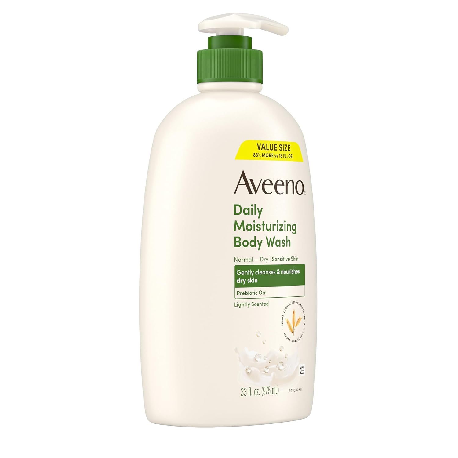 Provides a clean, catalog-style view of the Aveeno Daily Moisturizing Body Wash bottle showing the product packaging, pump dispenser, and front label details.