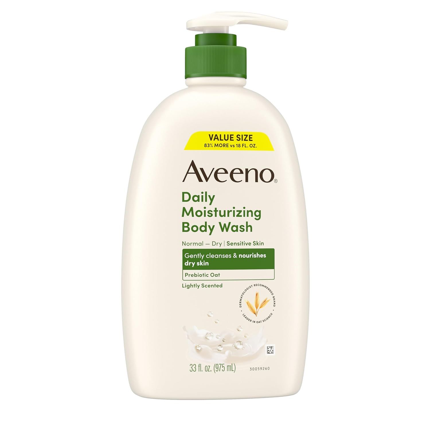 Provides a clean, catalog-style view of the Aveeno body wash bottle showing the product packaging, brand, and key product information without distractions.