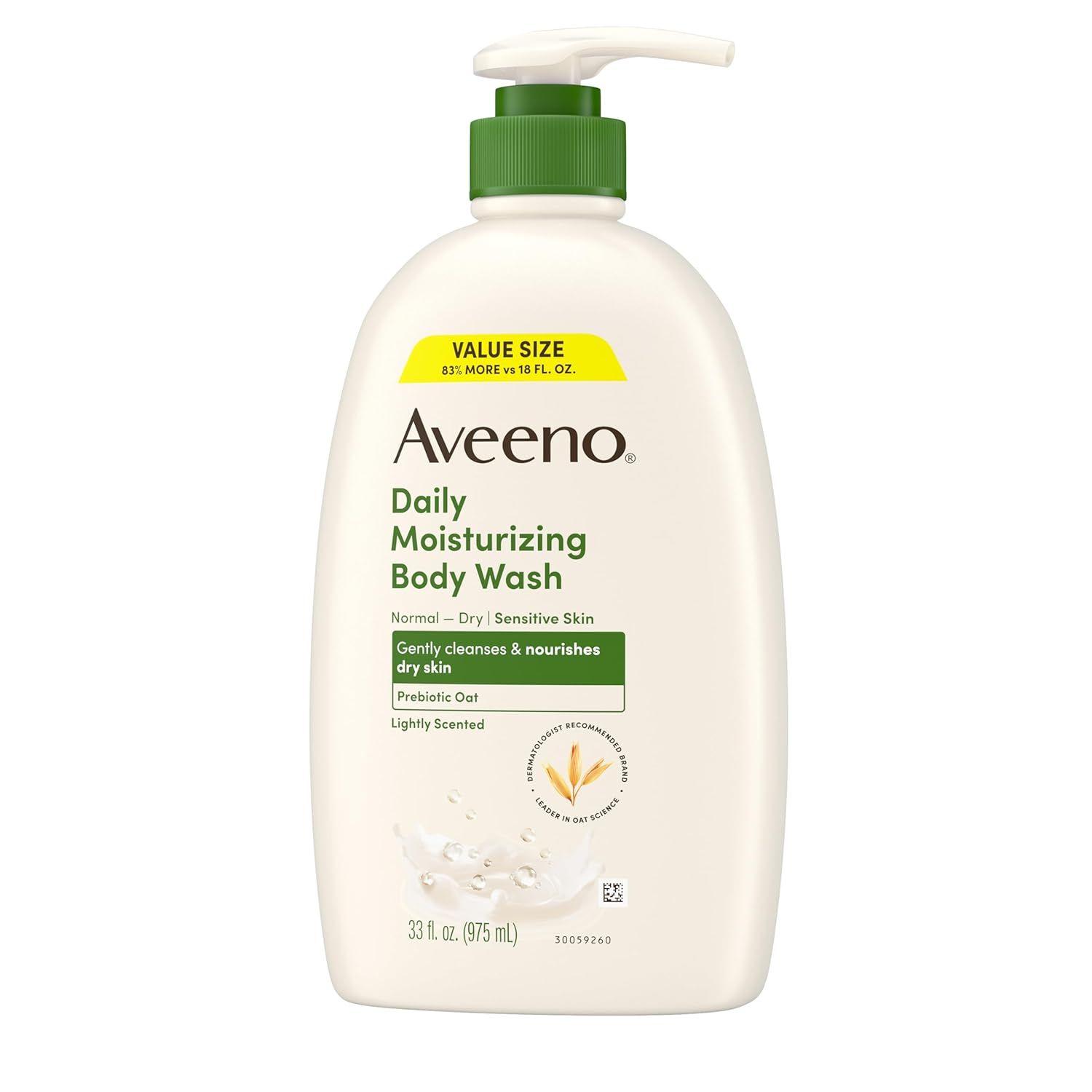 Provides a clean, catalog-style view of the Aveeno Daily Moisturizing Body Wash bottle, showing the product packaging, pump dispenser, and key label information without distractions.