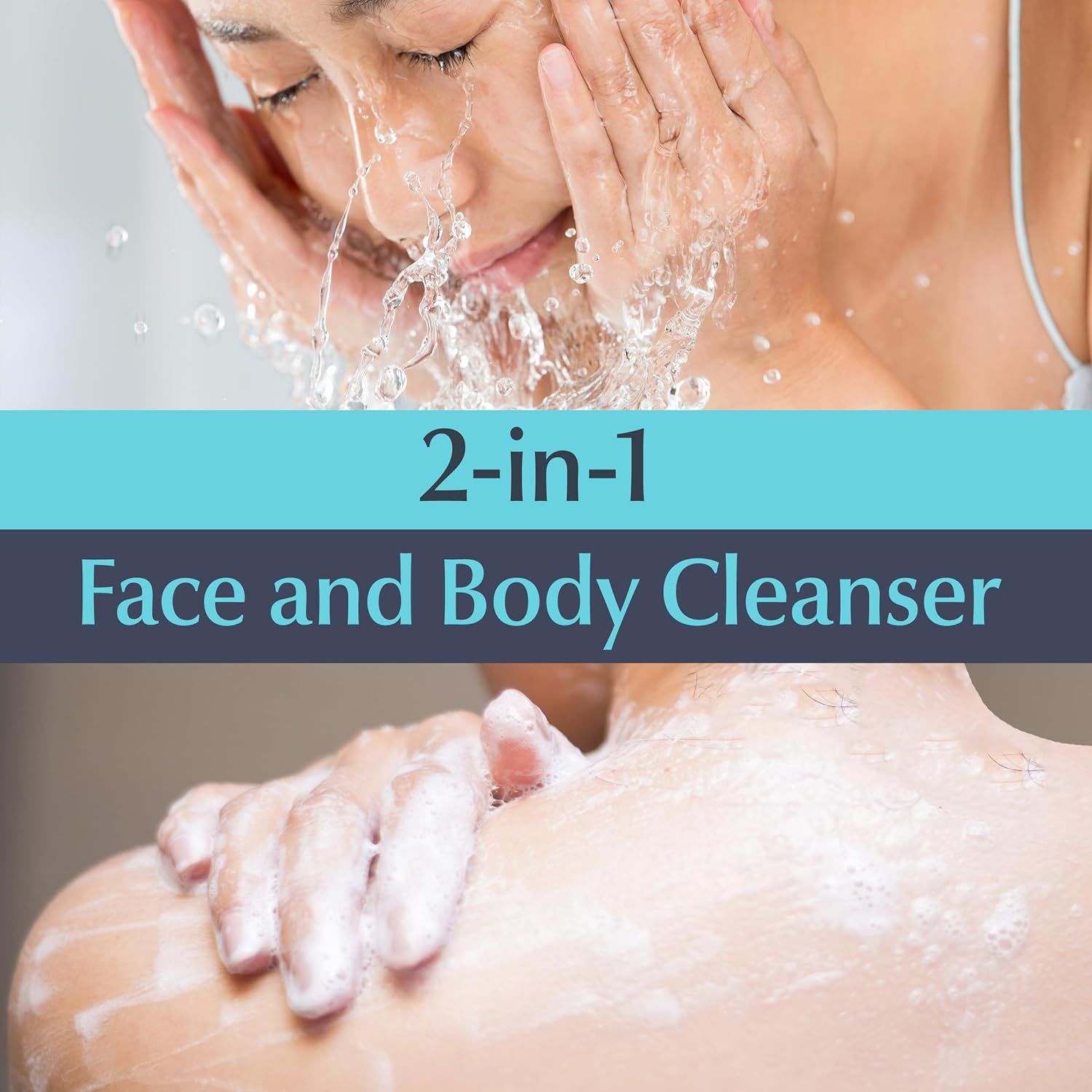 Demonstrates the product's versatility as both a face and body cleanser, showing multiple use cases to communicate convenience and value. Highlights the key benefit of versatility—one product that…