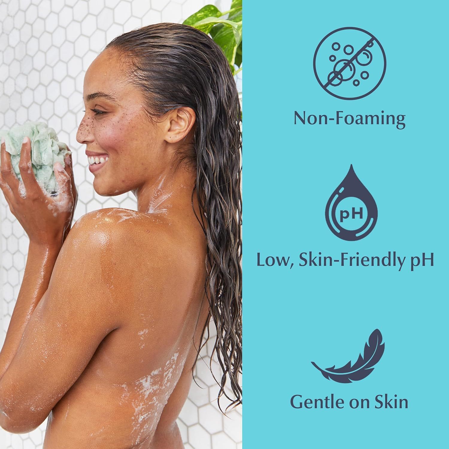 Communicates three distinct product benefits in a segmented vertical layout to reassure shoppers that the product is gentle, pH-balanced, and non-irritating.