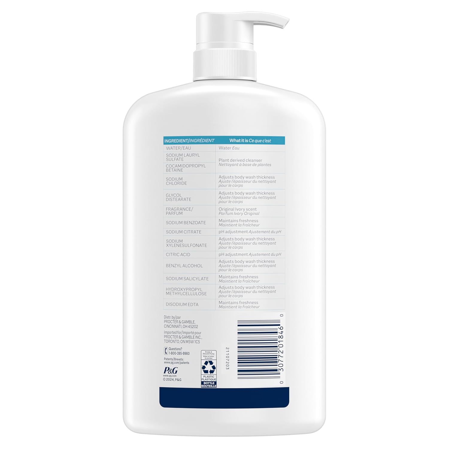 Displays the back of the product bottle on a clean white background to show ingredient list, barcode, and product information for shoppers who want to review contents and details.