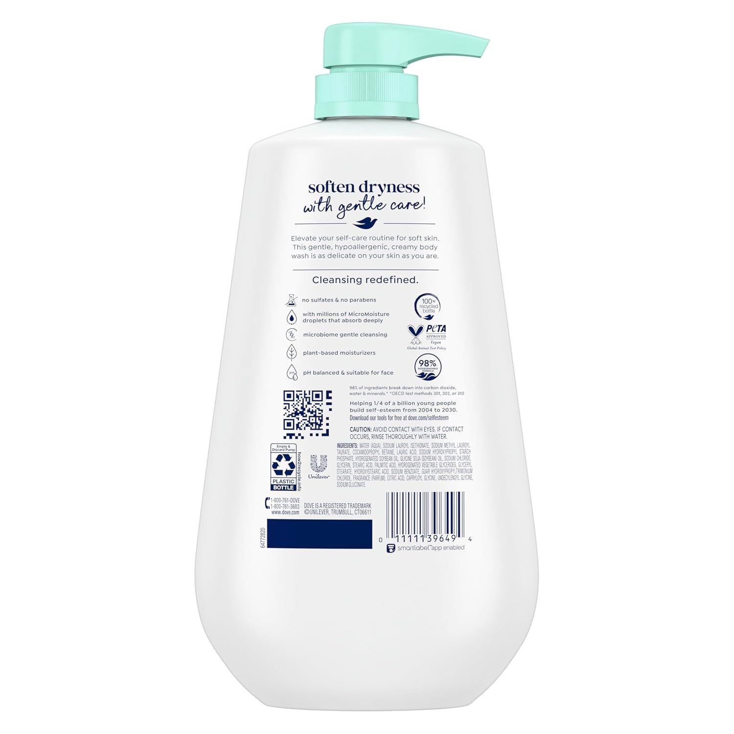 Communicates multiple product benefits in a segmented layout with icons, highlighting the body wash's gentle, hypoallergenic formula and key features to reassure shoppers about its quality and…