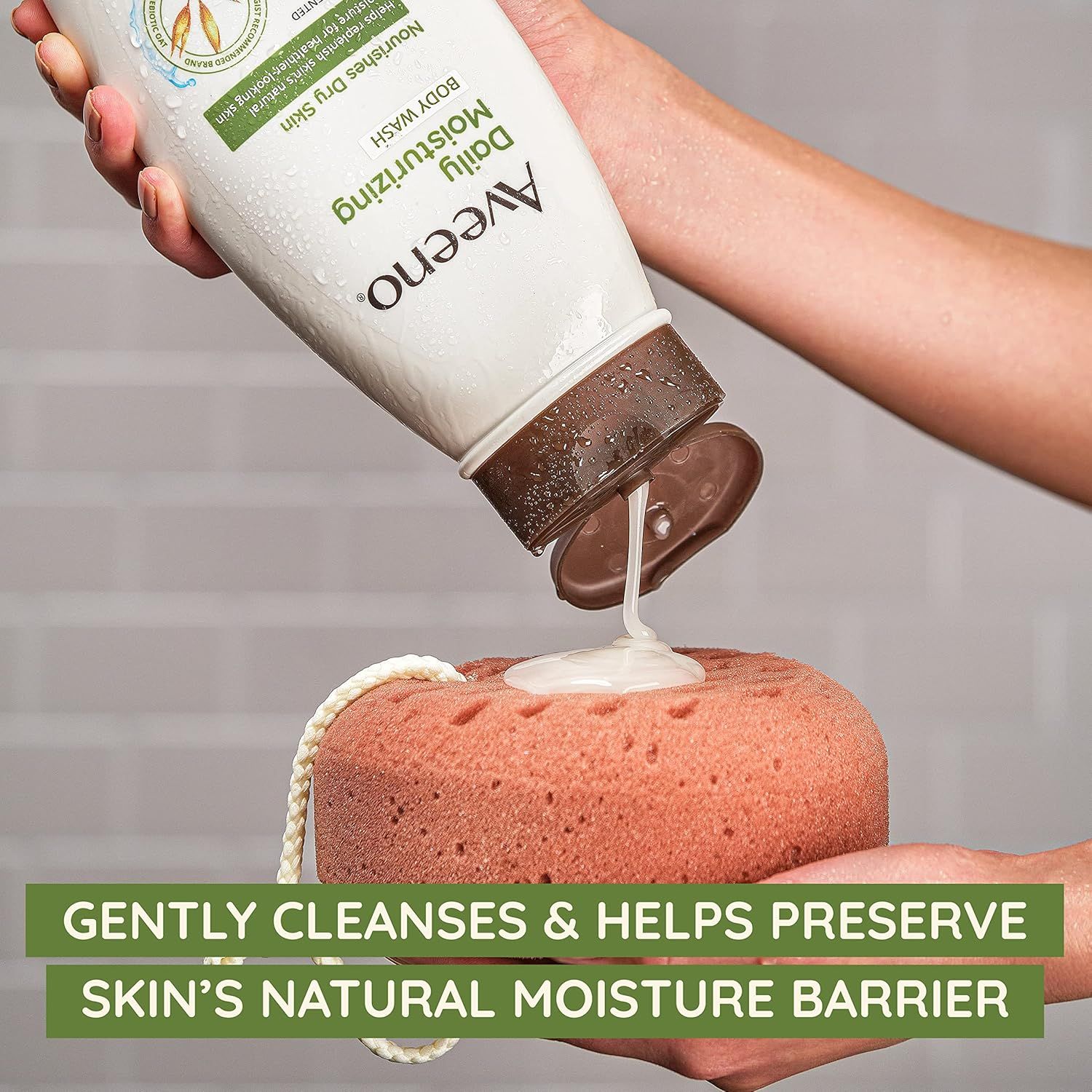 Communicates that the Aveeno Daily Moisturizing Body Wash gently cleanses while preserving the skin's natural moisture barrier, reassuring shoppers about its gentle and hydrating properties.