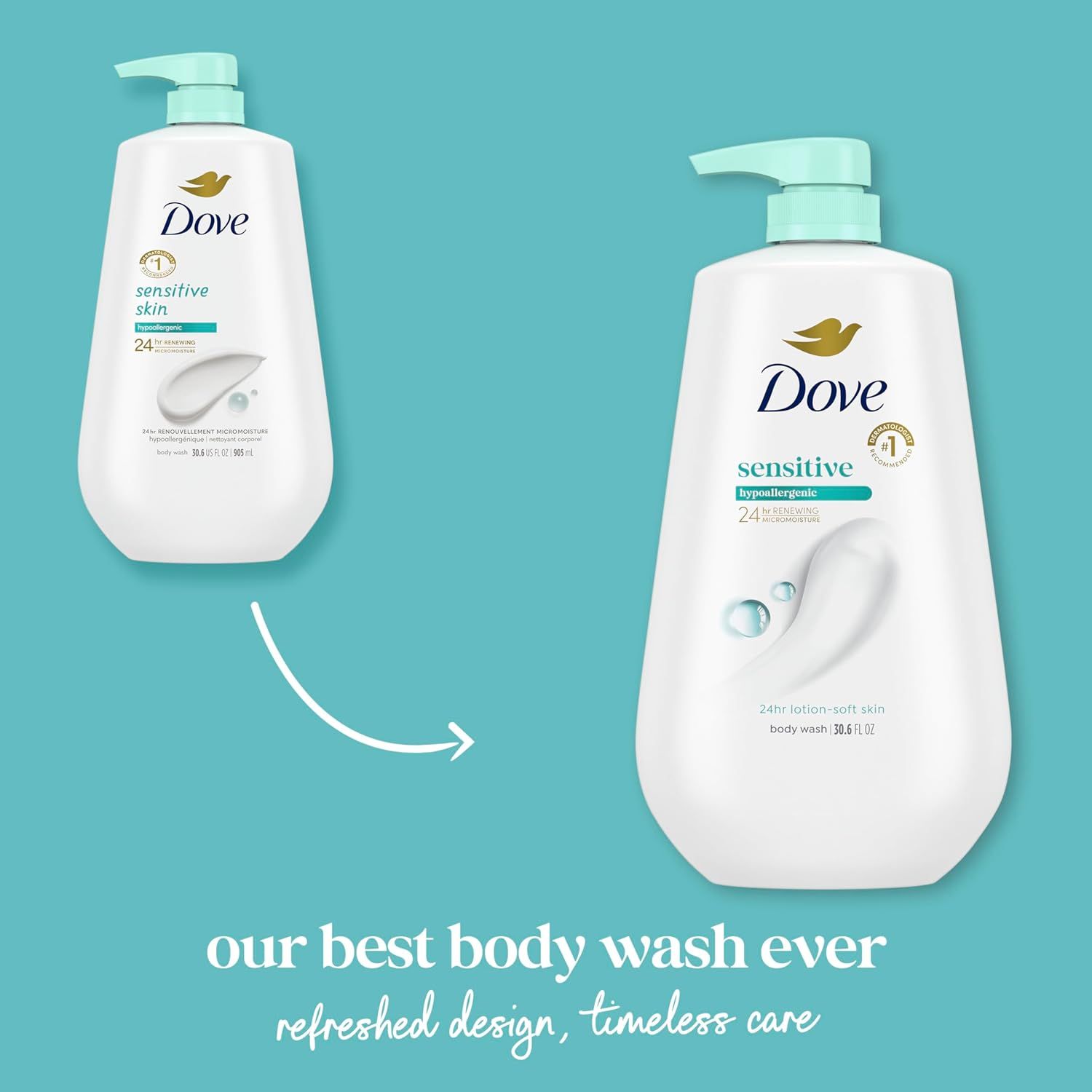 Communicates that Dove has updated their body wash packaging design while maintaining the same trusted product quality, reassuring customers about the brand's evolution and continuity.
