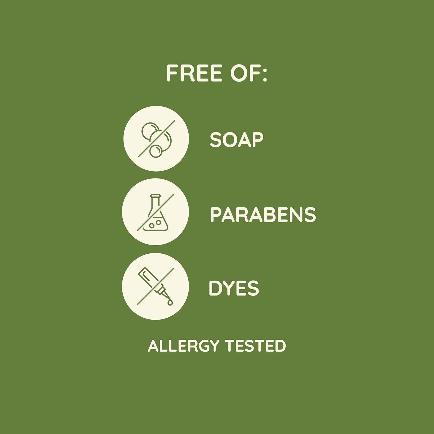 Communicates that the product is formulated without harsh chemicals and is allergy tested, reassuring shoppers about its safety and gentleness for sensitive skin. Highlights multiple safety and…