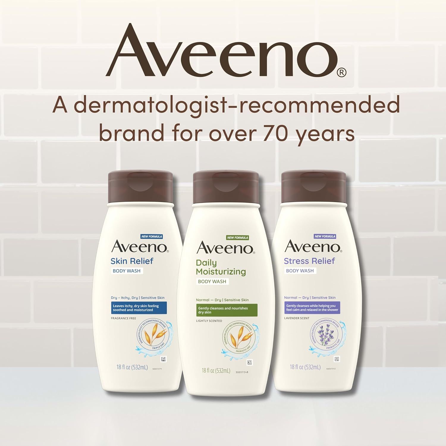 Communicates the brand's 70+ year dermatologist-recommended heritage and showcases three product variants from the Aveeno body wash line to build trust and help shoppers understand the product…