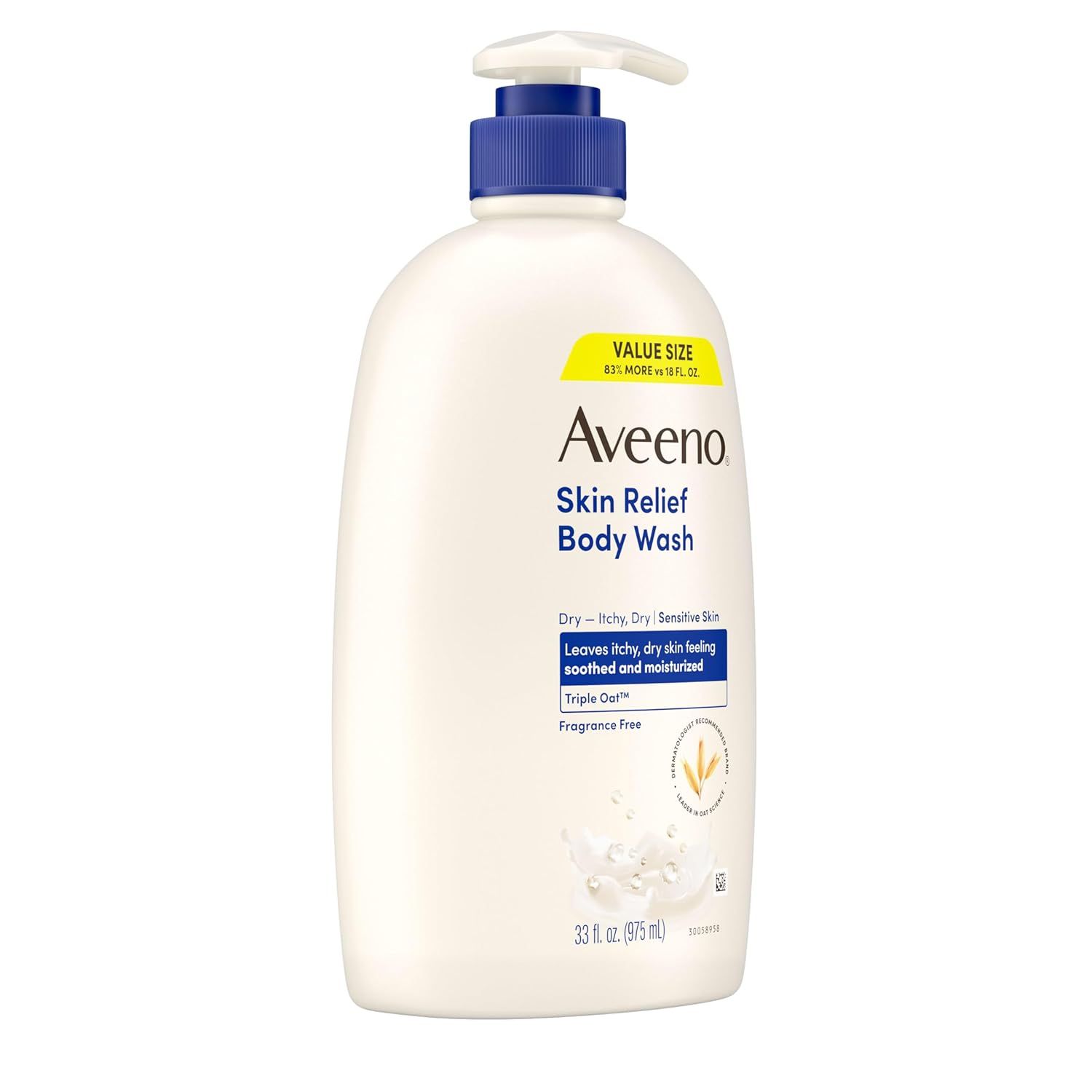 Provides a clean, catalog-style view of the Aveeno Skin Relief Body Wash bottle showing the product packaging, brand, and key label information on a pure white background.