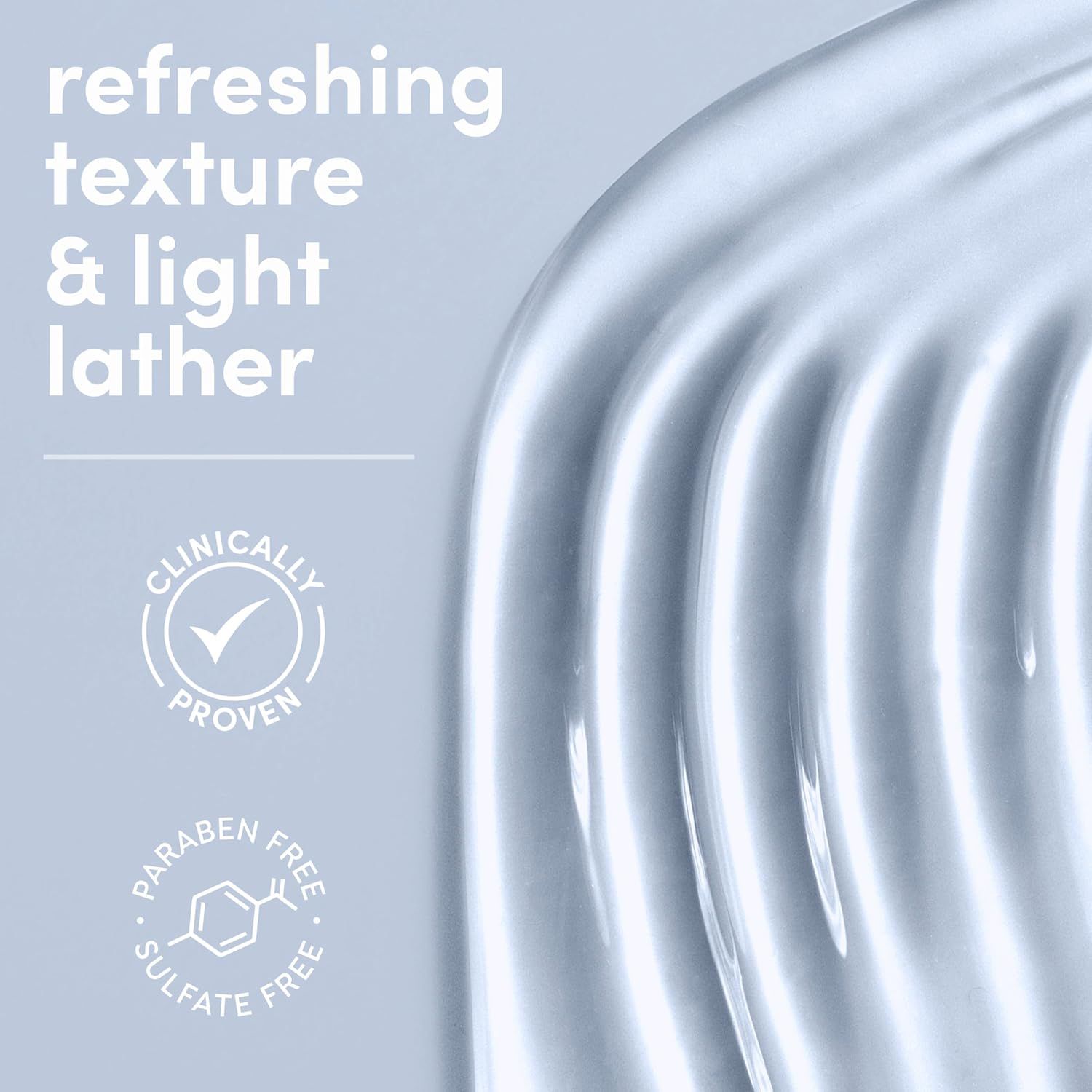 Communicates multiple product benefits including texture, lather quality, clinical validation, and safety certifications to reassure shoppers about product quality and safety.