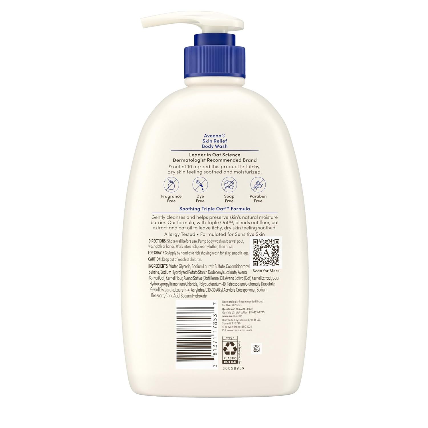 Provides a clean, catalog-style view of the Aveeno Skin Relief Body Wash bottle showing the back label with product information, ingredients, and usage directions for shoppers to review details.