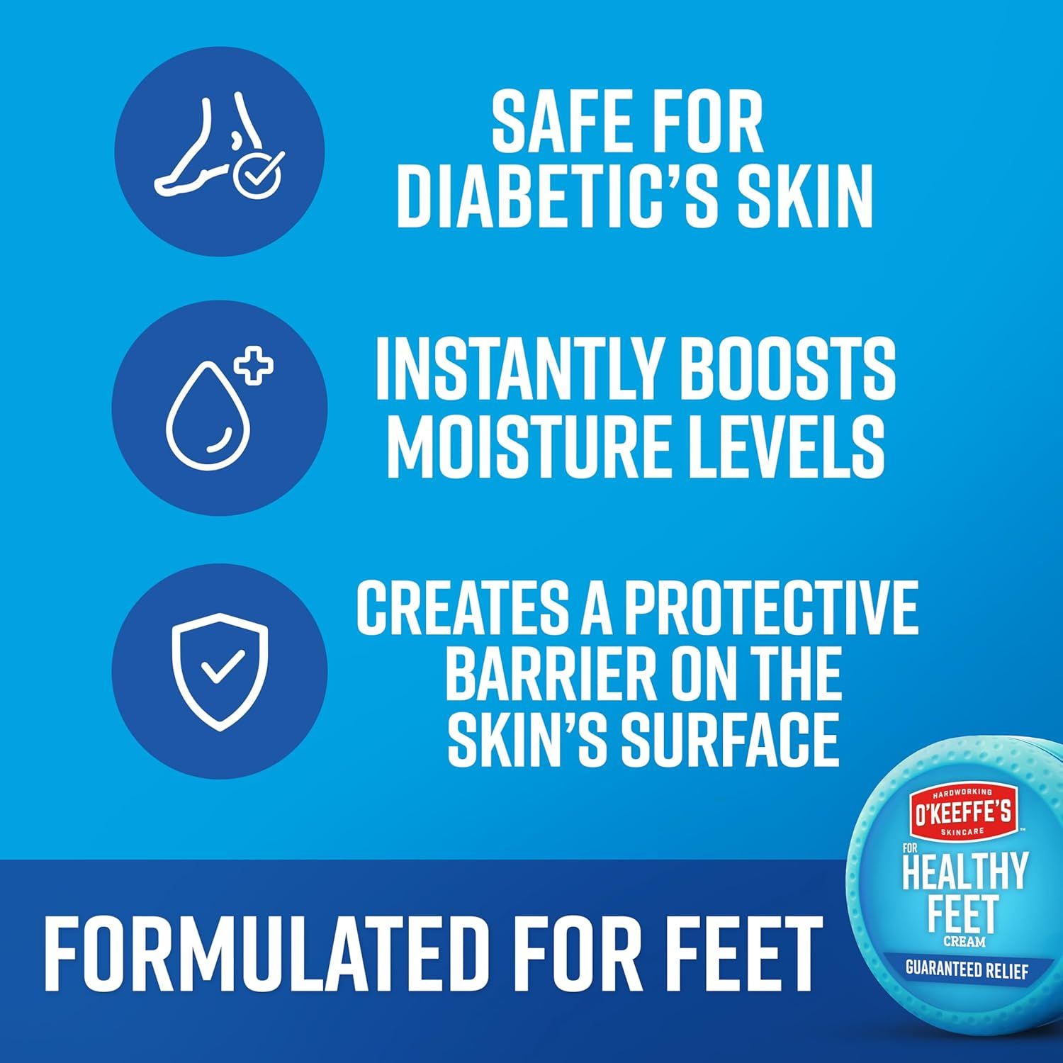 Communicates three distinct benefits of the foot cream in a segmented layout to reassure shoppers about safety, hydration, and skin protection.