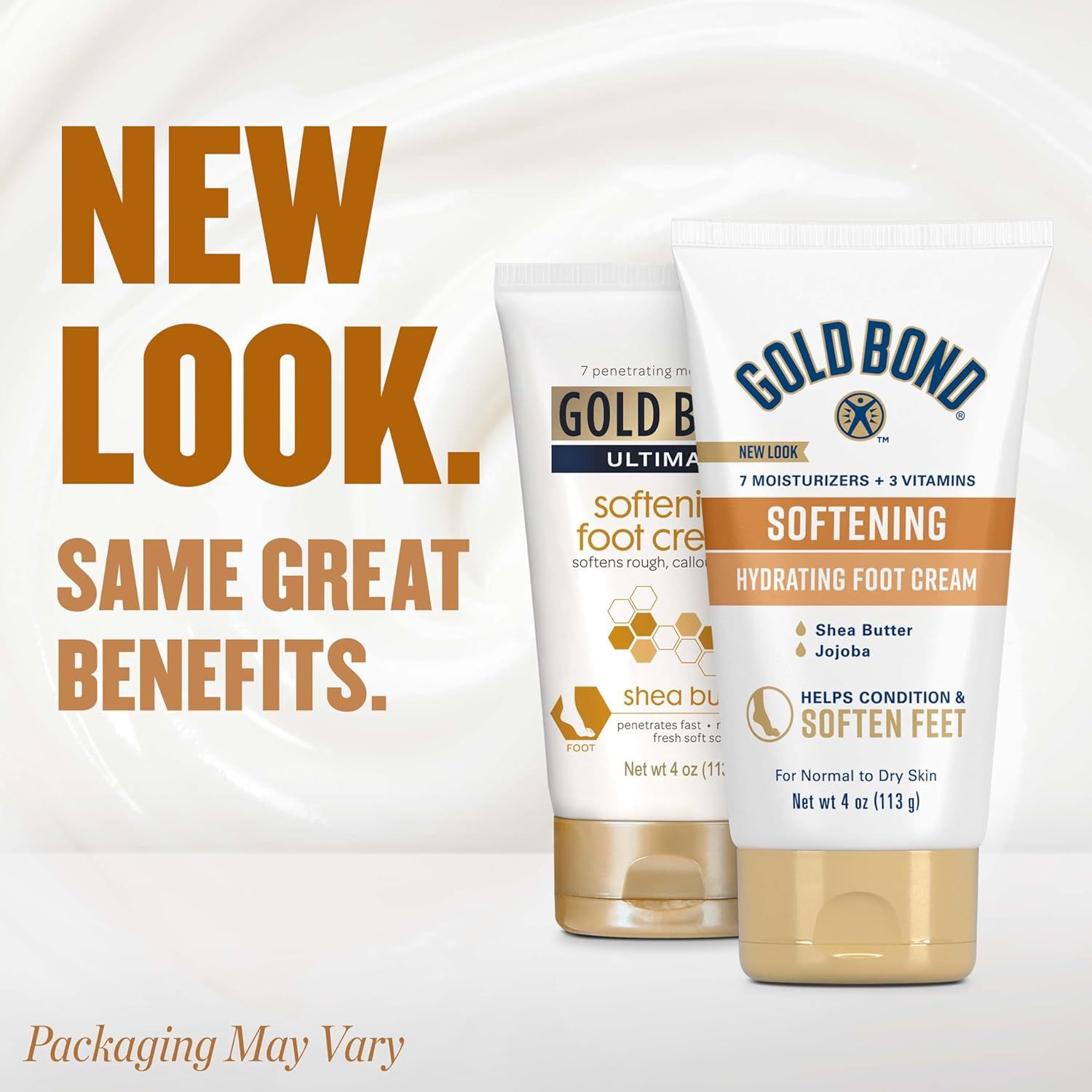 Communicates that the Gold Bond foot cream has a new look while reassuring shoppers that the product benefits remain unchanged, reducing confusion during the packaging transition.