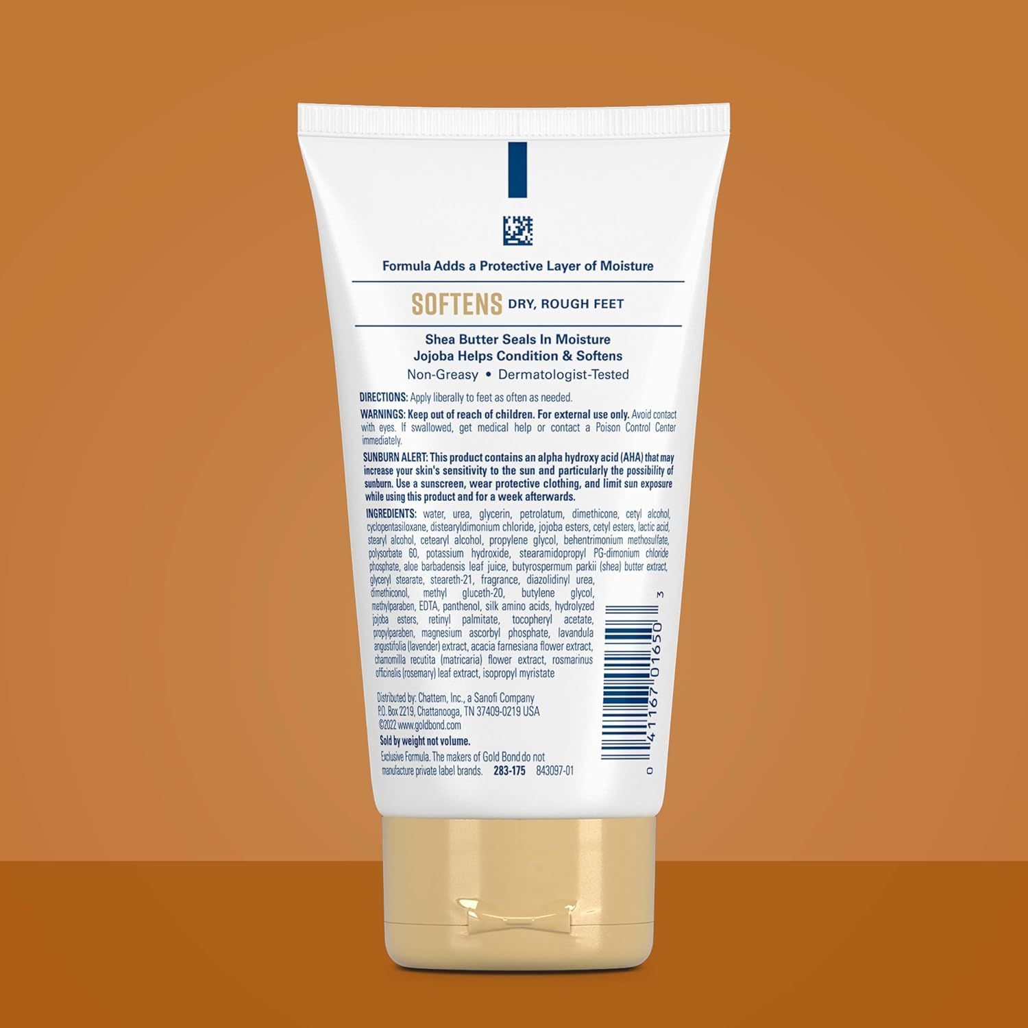 Communicates multiple distinct benefits of the foot cream formula including moisturizing protection, softening action, key ingredients (shea butter and jojoba), and quality reassurances (non-greasy,…
