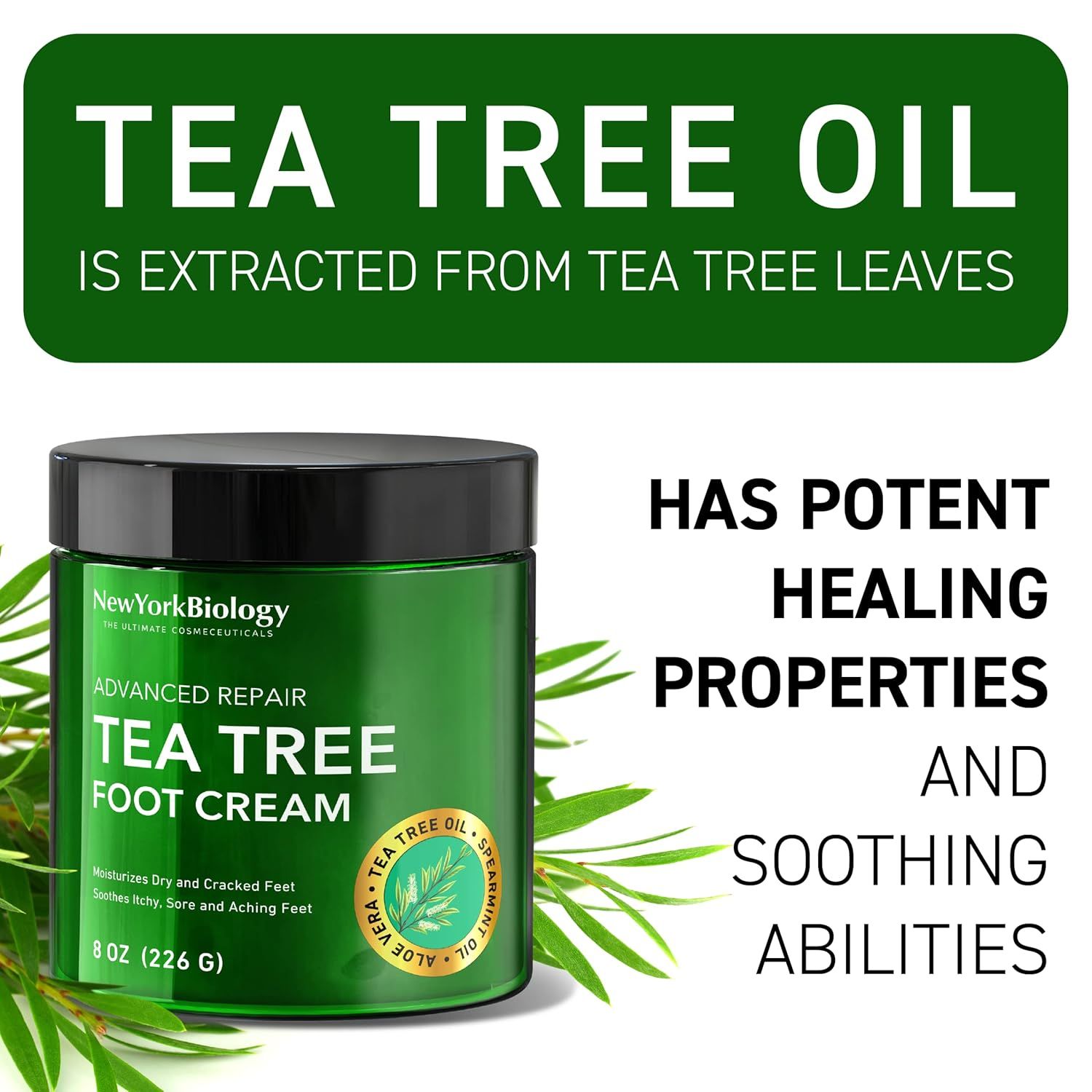 Communicates that the tea tree foot cream has potent healing and soothing abilities derived from natural tea tree oil, reassuring shoppers of its therapeutic effectiveness.