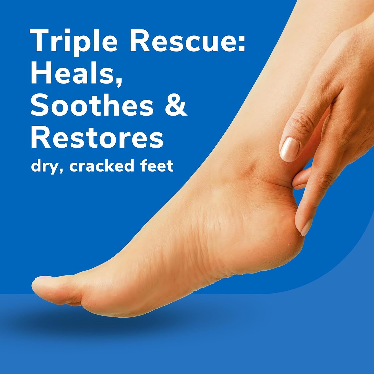 Communicates three distinct benefits of the product for treating dry, cracked feet: healing, soothing, and restoring skin health.