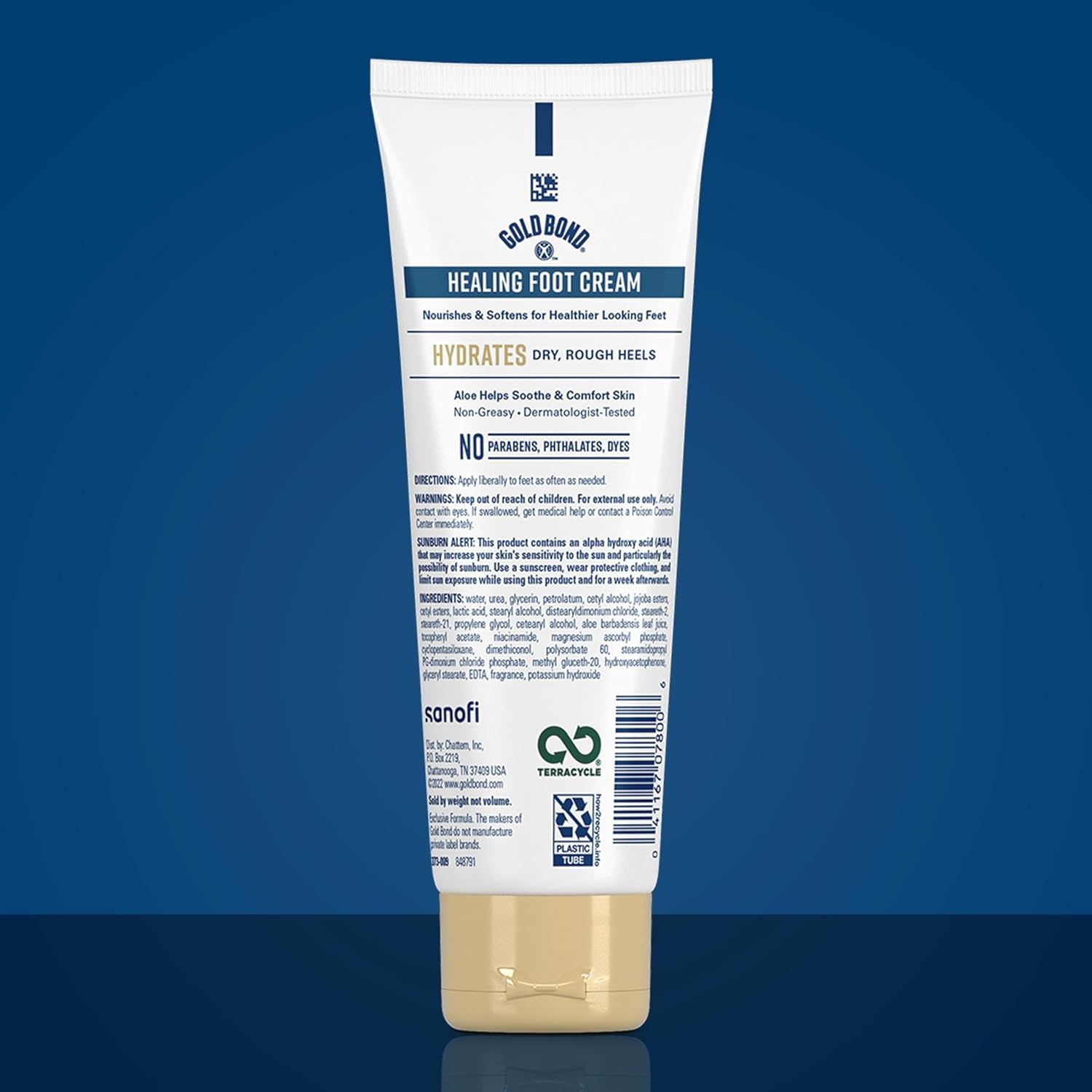 Communicates multiple distinct benefits of the foot cream including hydration, skin comfort, safety testing, and clean formulation to reassure shoppers of the product's effectiveness and quality.