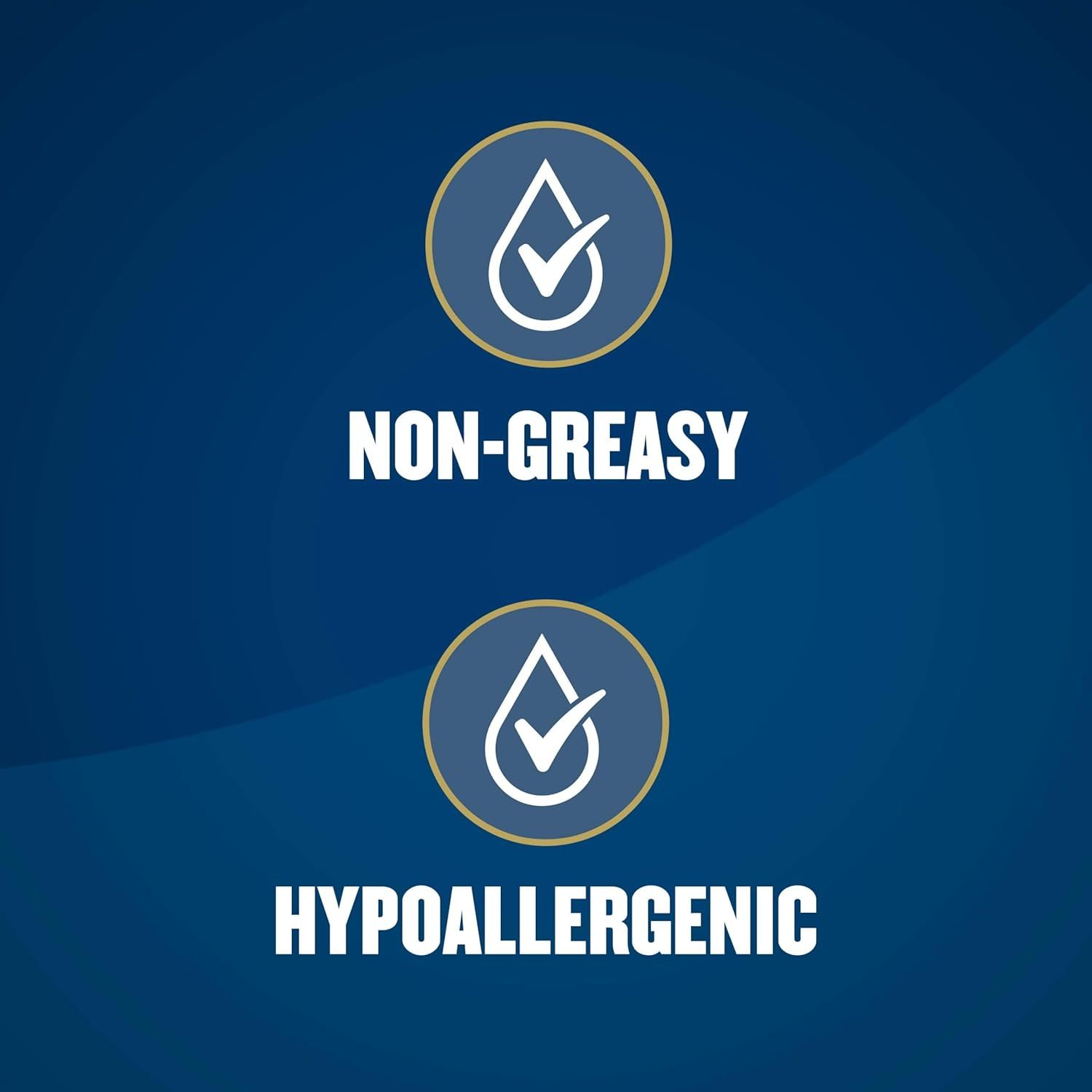 Communicates two distinct product benefits—non-greasy formula and hypoallergenic properties—to reassure shoppers about comfort and safety for sensitive skin.